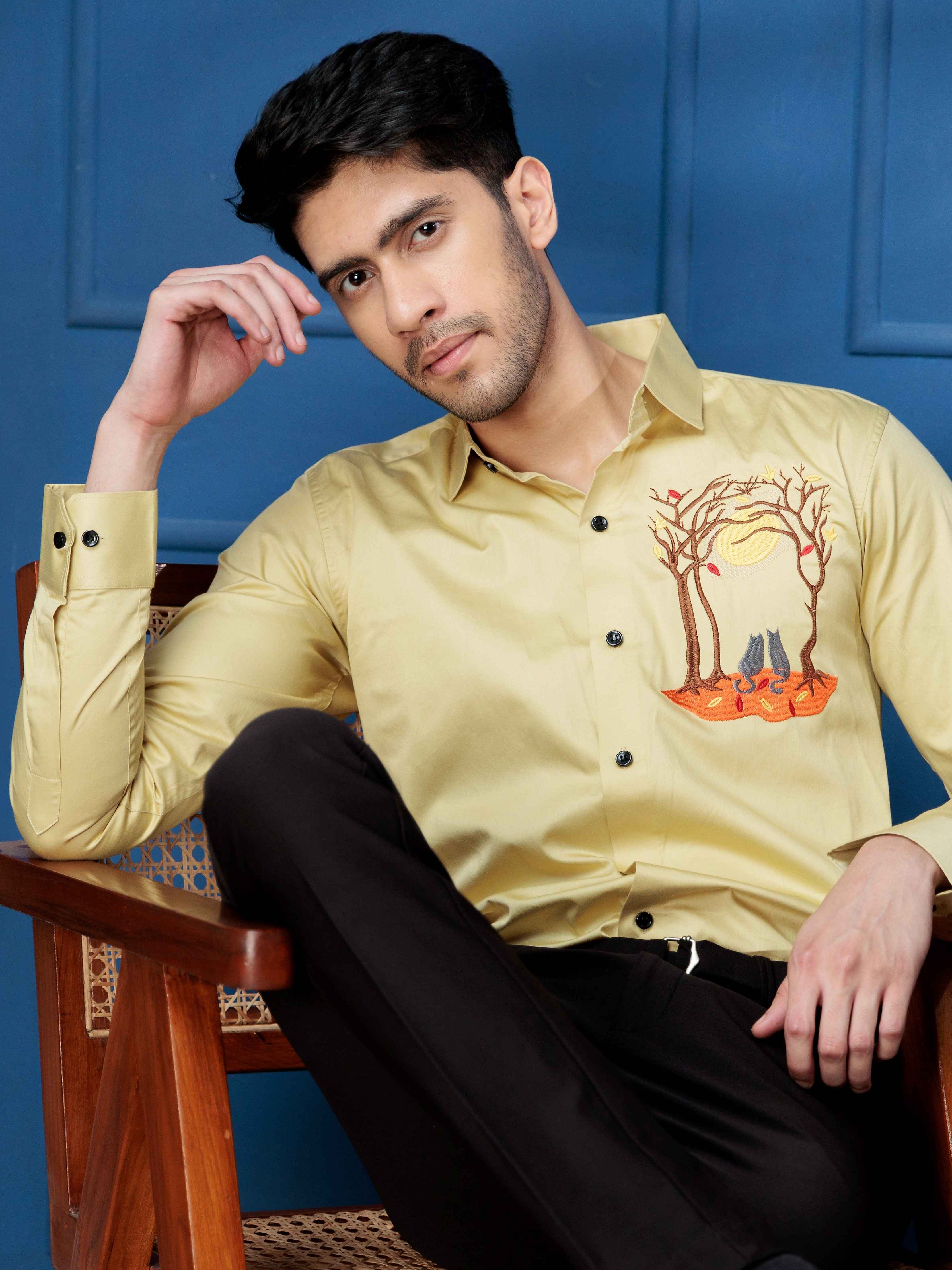 FOOMER COUPLE CAT EMBROIDERED CLUB WEAR SATIN COTTON SHIRT FOR MEN - Image 2