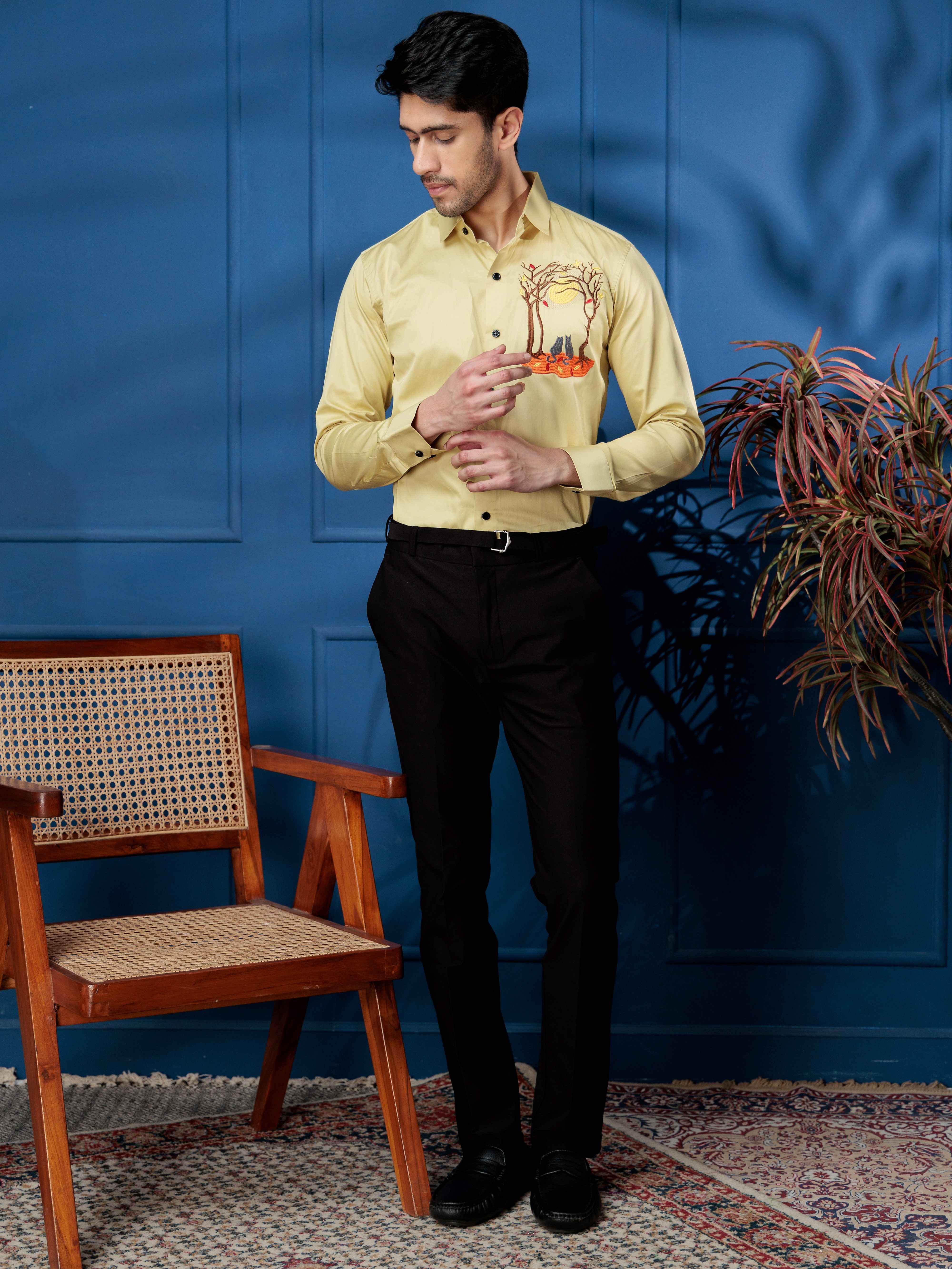 FOOMER COUPLE CAT EMBROIDERED CLUB WEAR SATIN COTTON SHIRT FOR MEN - Image 3