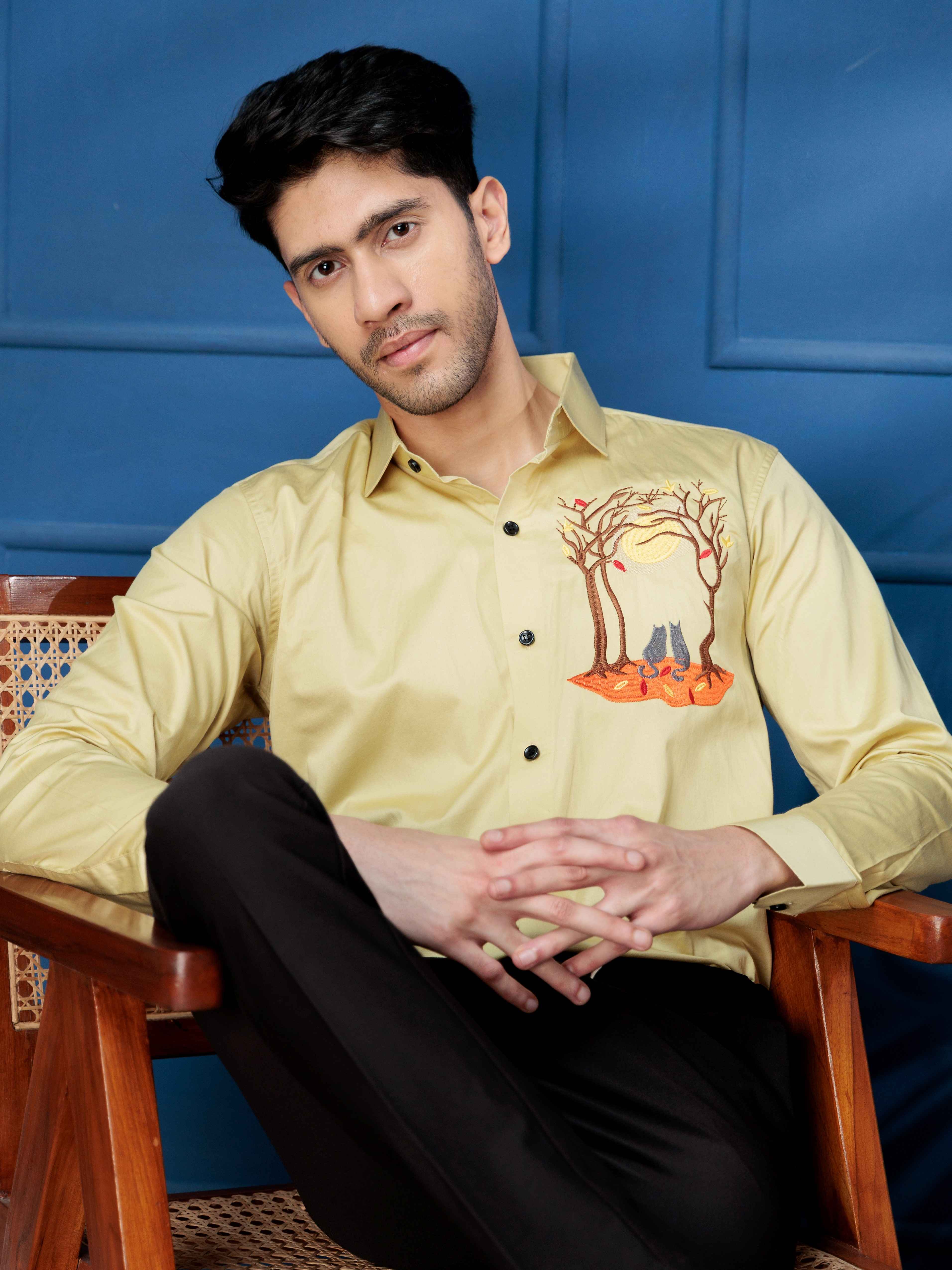 FOOMER COUPLE CAT EMBROIDERED CLUB WEAR SATIN COTTON SHIRT FOR MEN - Image 4