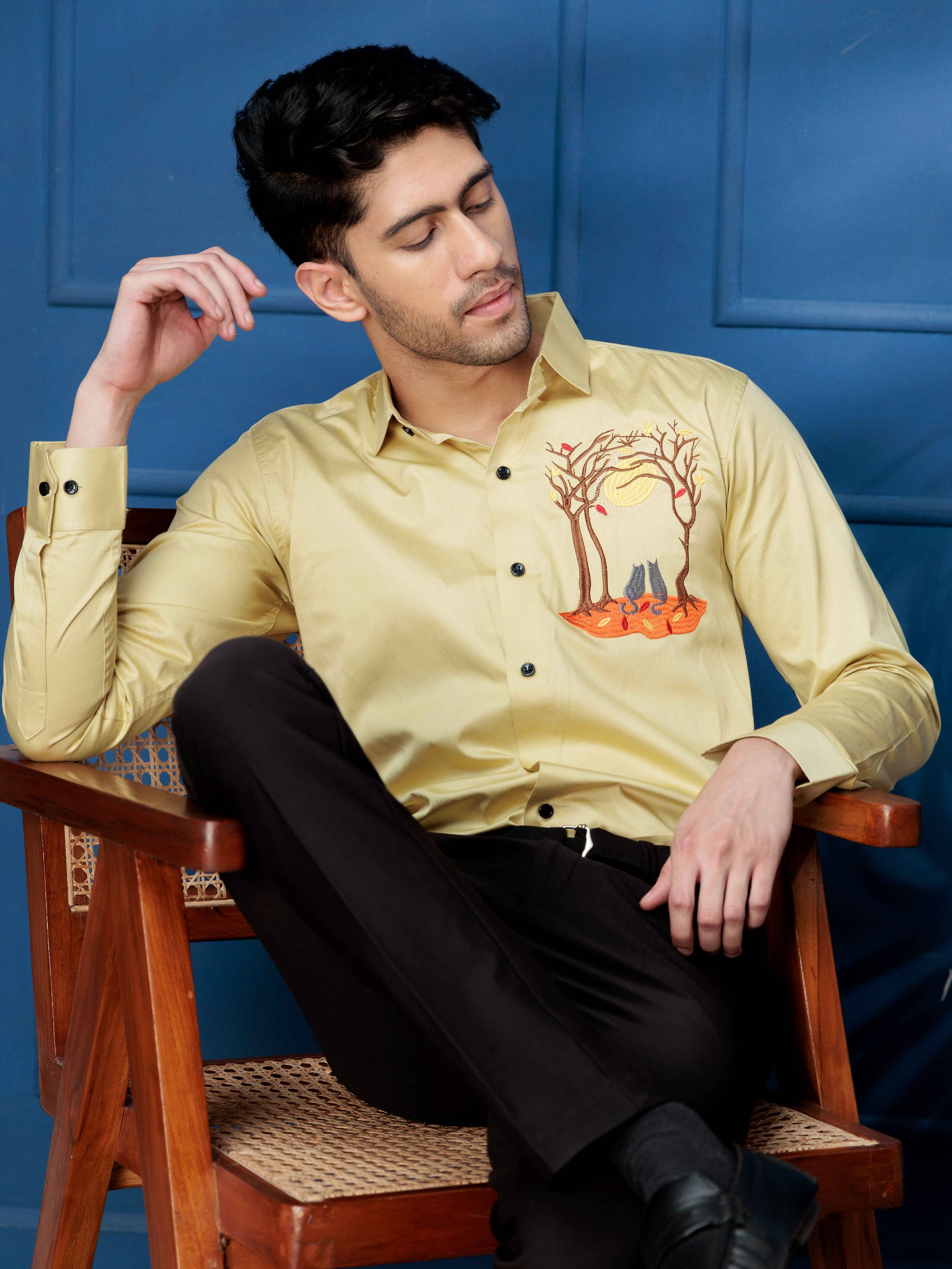 FOOMER COUPLE CAT EMBROIDERED CLUB WEAR SATIN COTTON SHIRT FOR MEN - Image 5