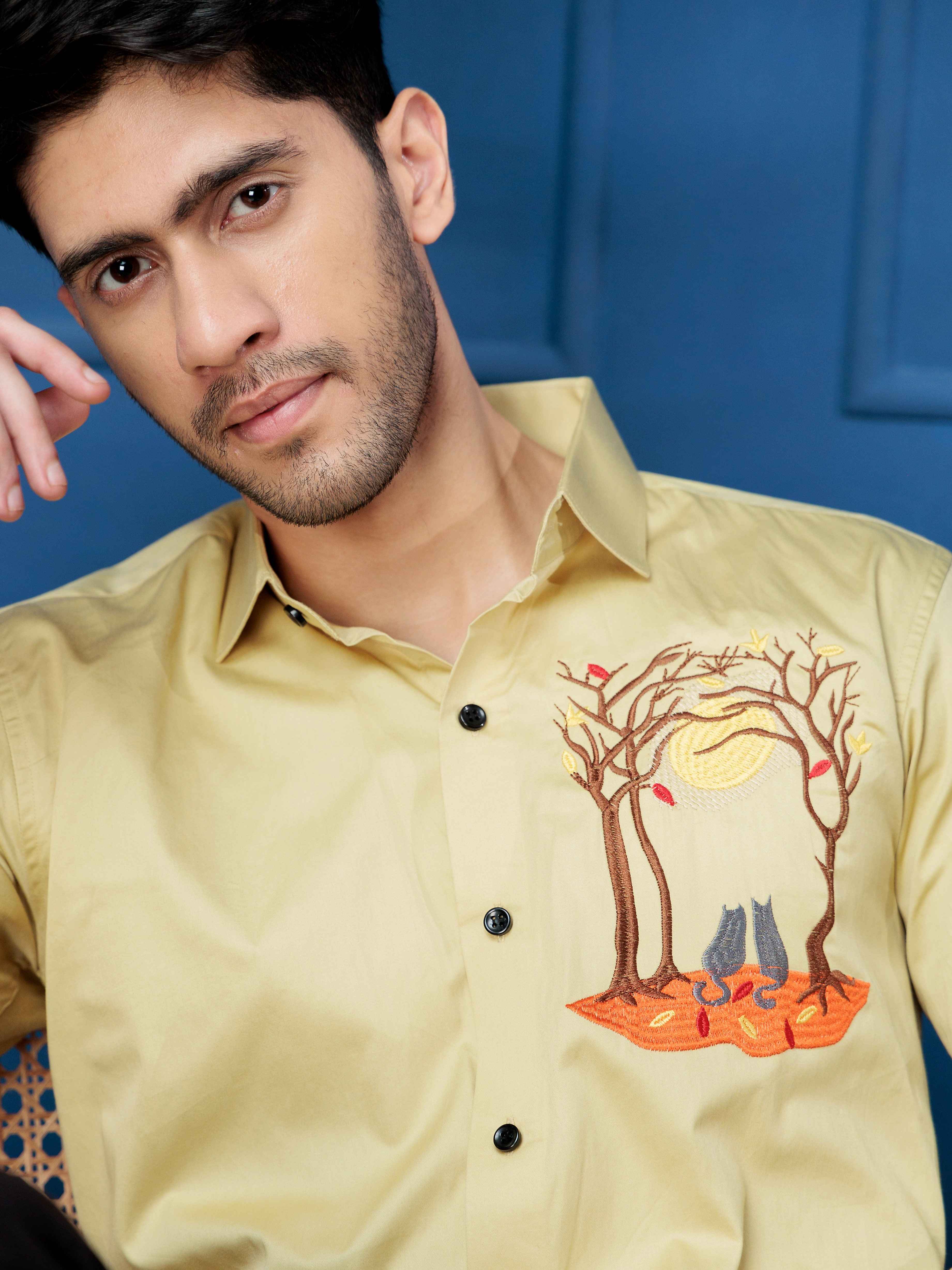 FOOMER COUPLE CAT EMBROIDERED CLUB WEAR SATIN COTTON SHIRT FOR MEN - Image 6