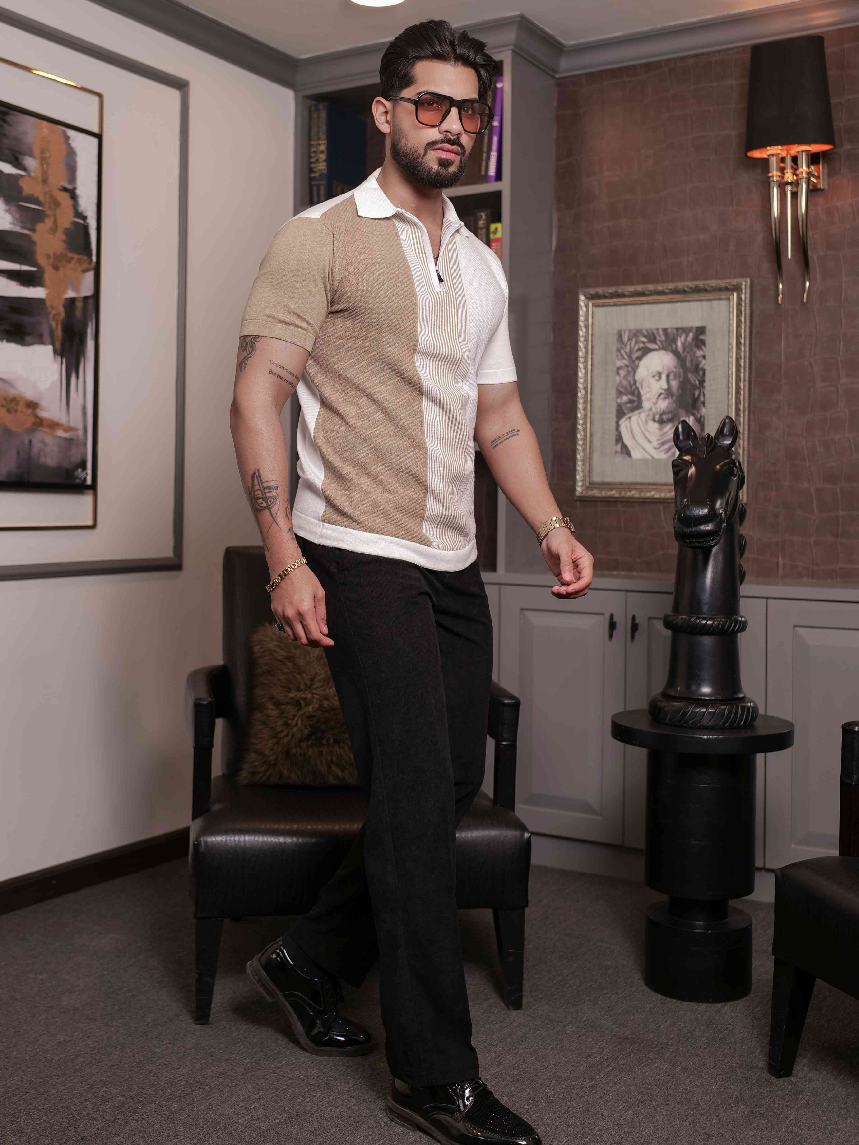 FOOMER CREAM AND WHITE HALF SLEEVE KNITED TSHIRT FOR MEN'S - Image 2