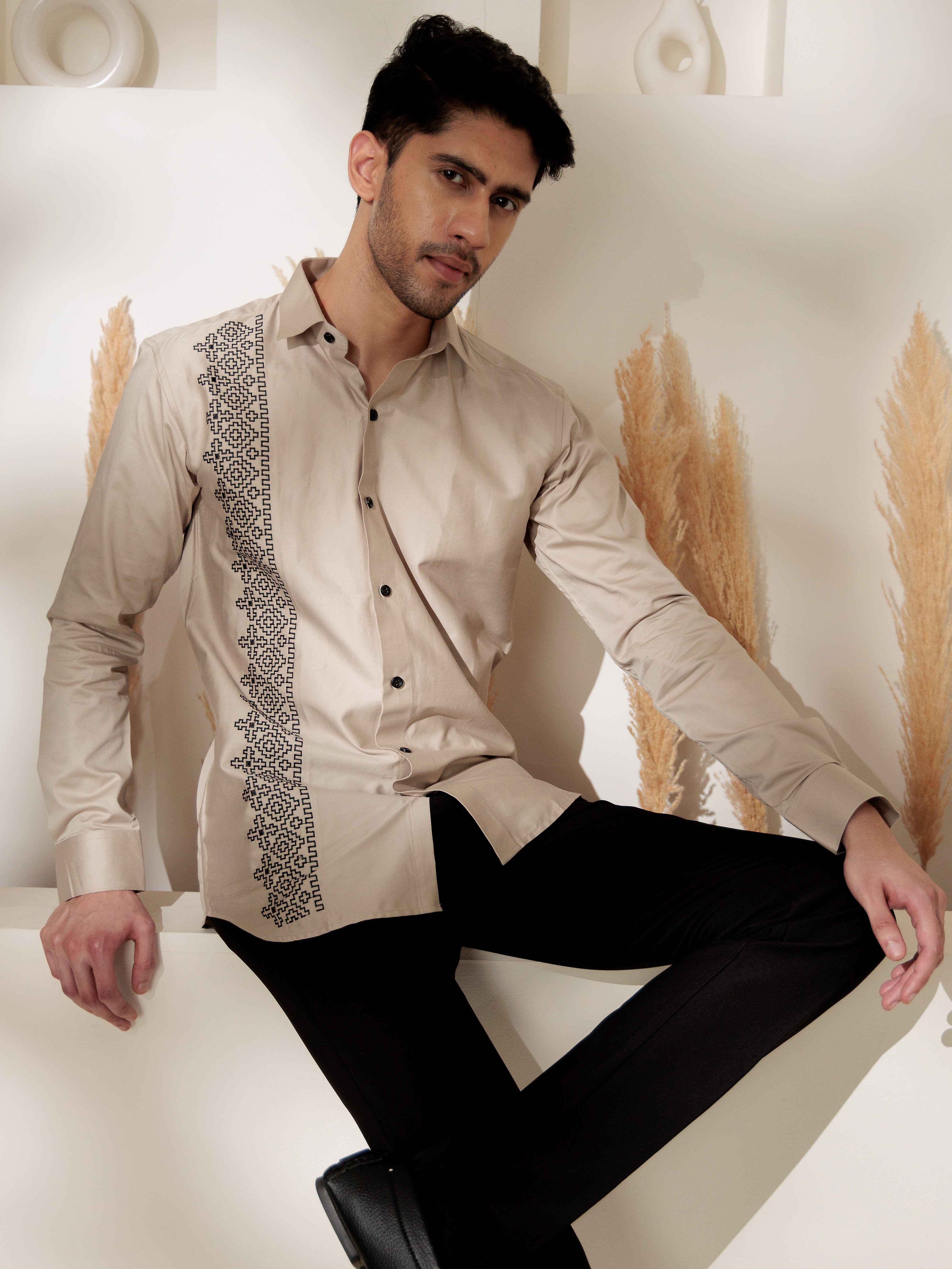 FOOMER CREAM EMBROIDERED DESIGNER WEAR SATIN COTTON SHIRT