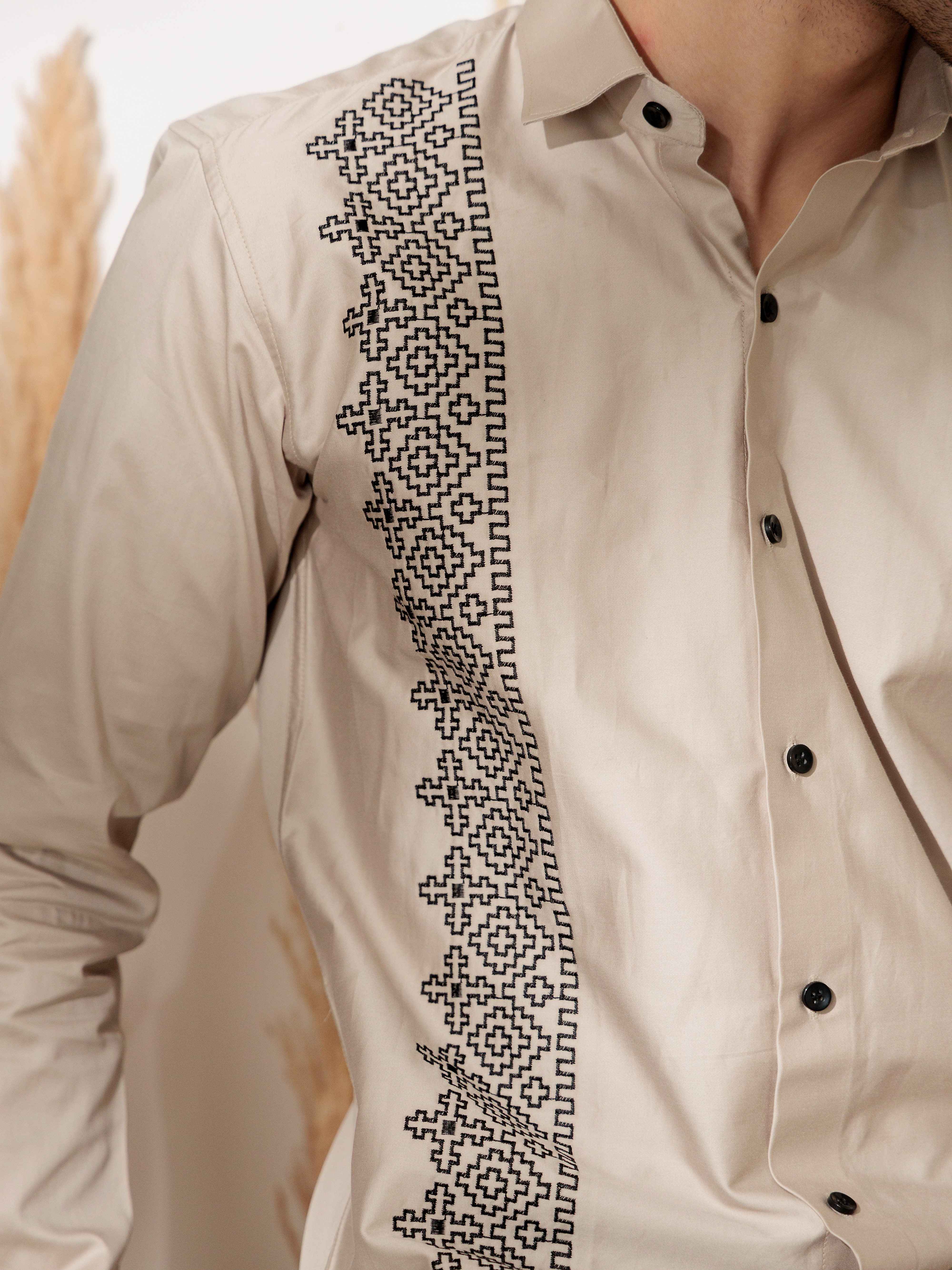 FOOMER CREAM EMBROIDERED DESIGNER WEAR SATIN COTTON SHIRT - Image 2