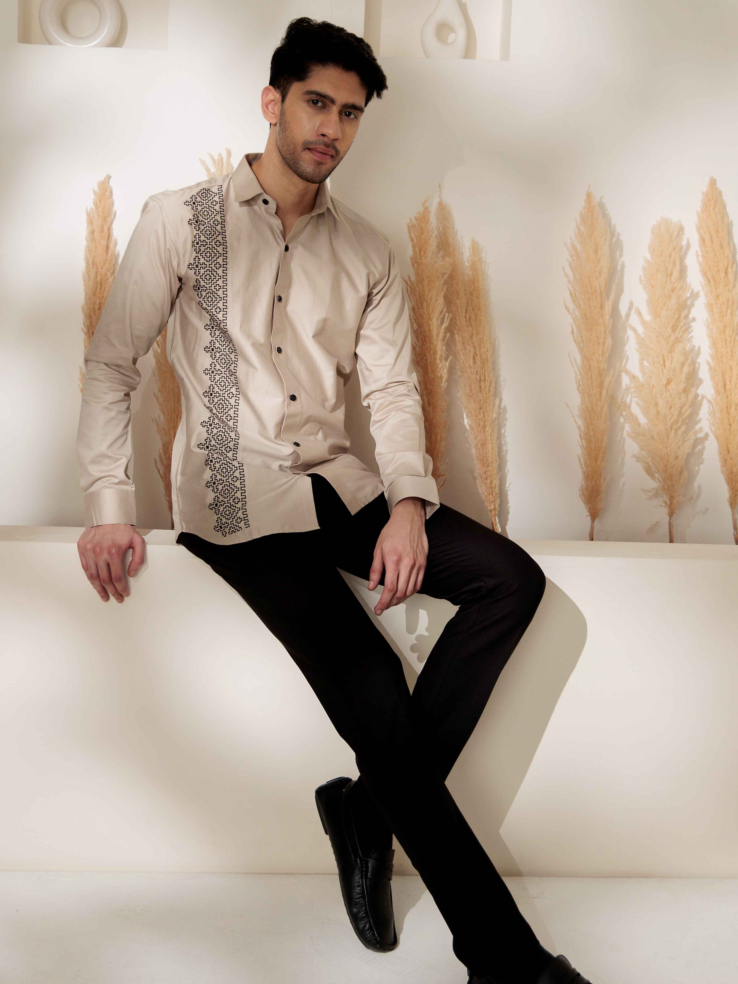 FOOMER CREAM EMBROIDERED DESIGNER WEAR SATIN COTTON SHIRT - Image 3