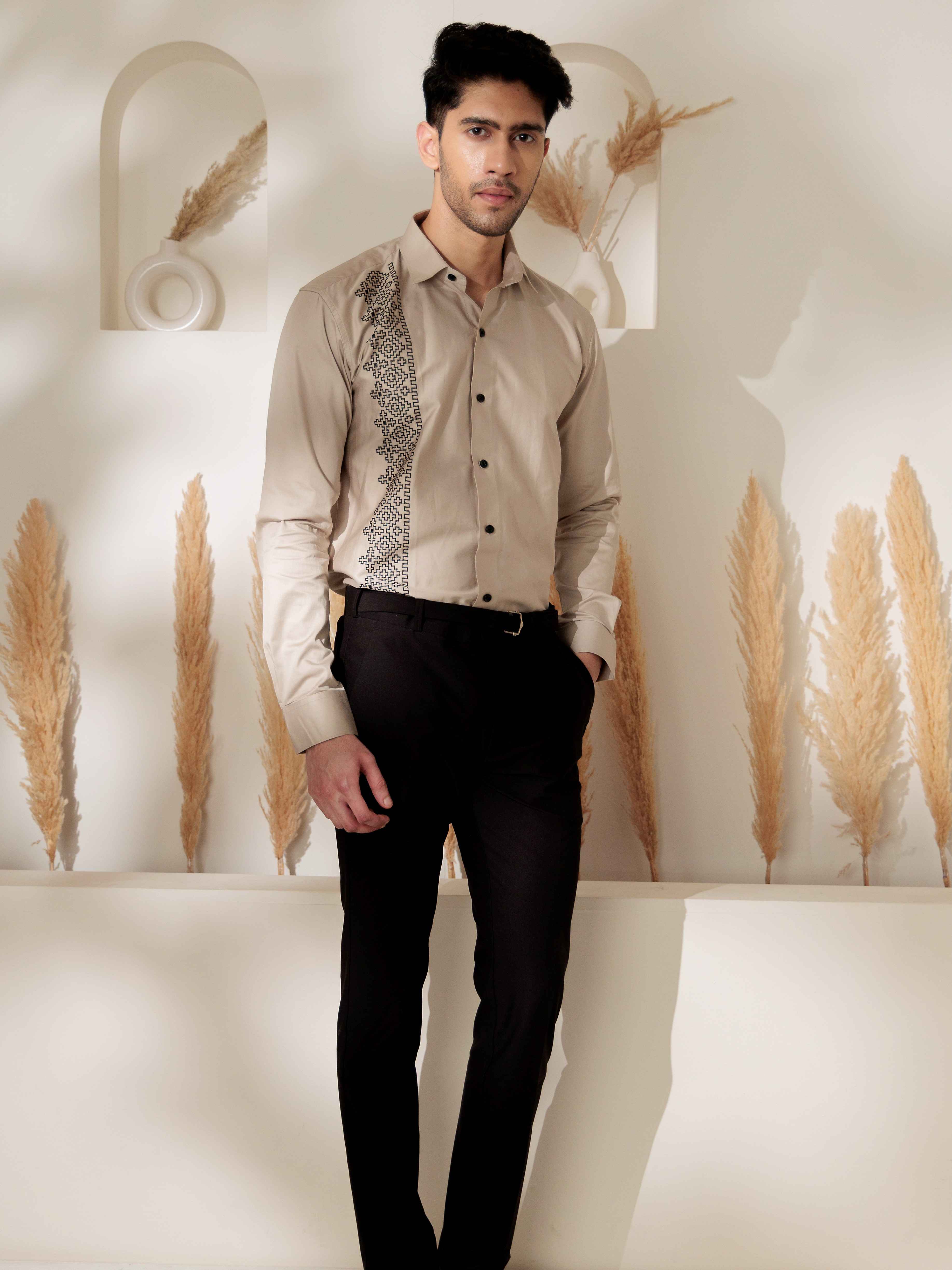 FOOMER CREAM EMBROIDERED DESIGNER WEAR SATIN COTTON SHIRT - Image 4