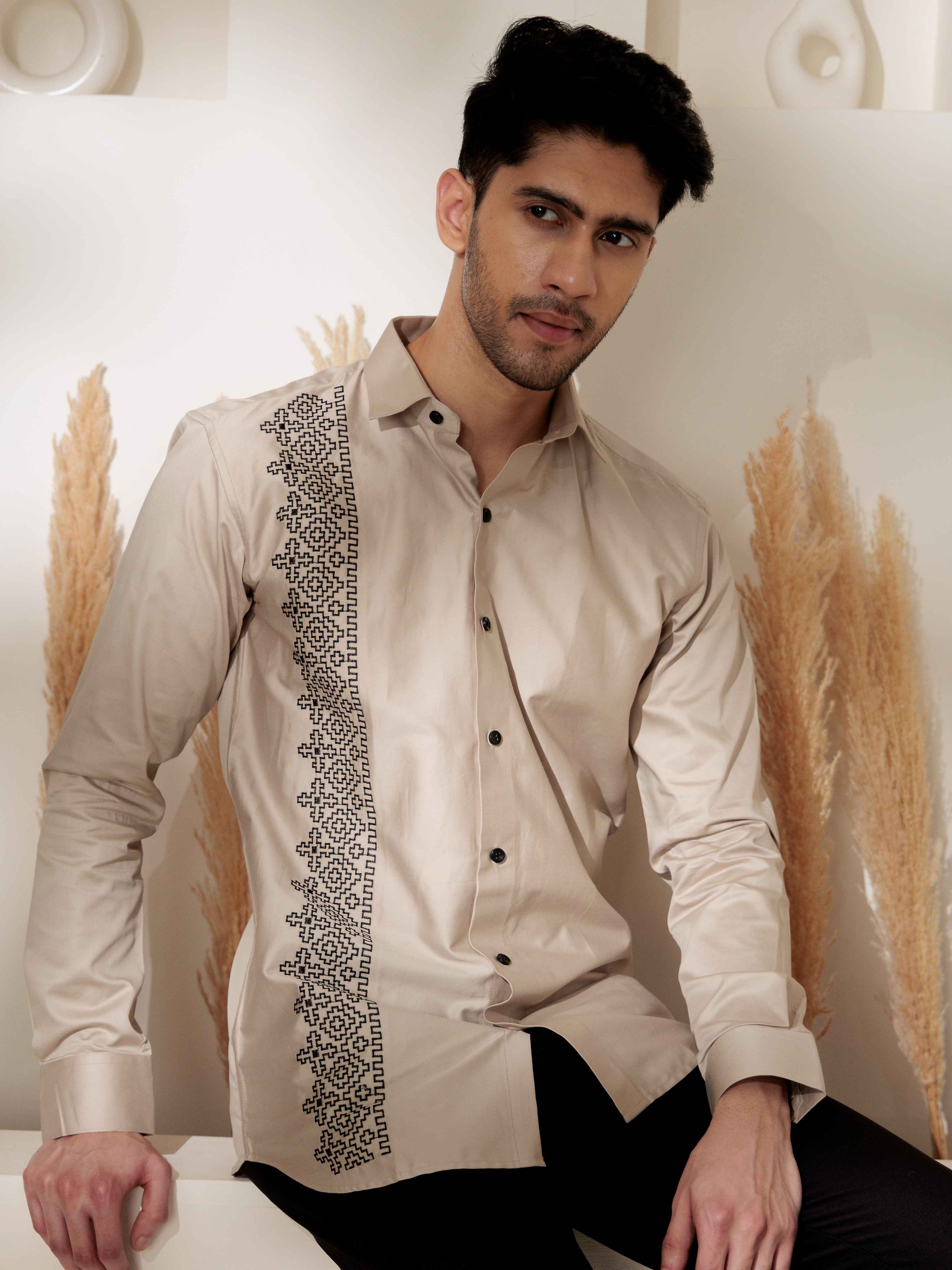 FOOMER CREAM EMBROIDERED DESIGNER WEAR SATIN COTTON SHIRT - Image 5