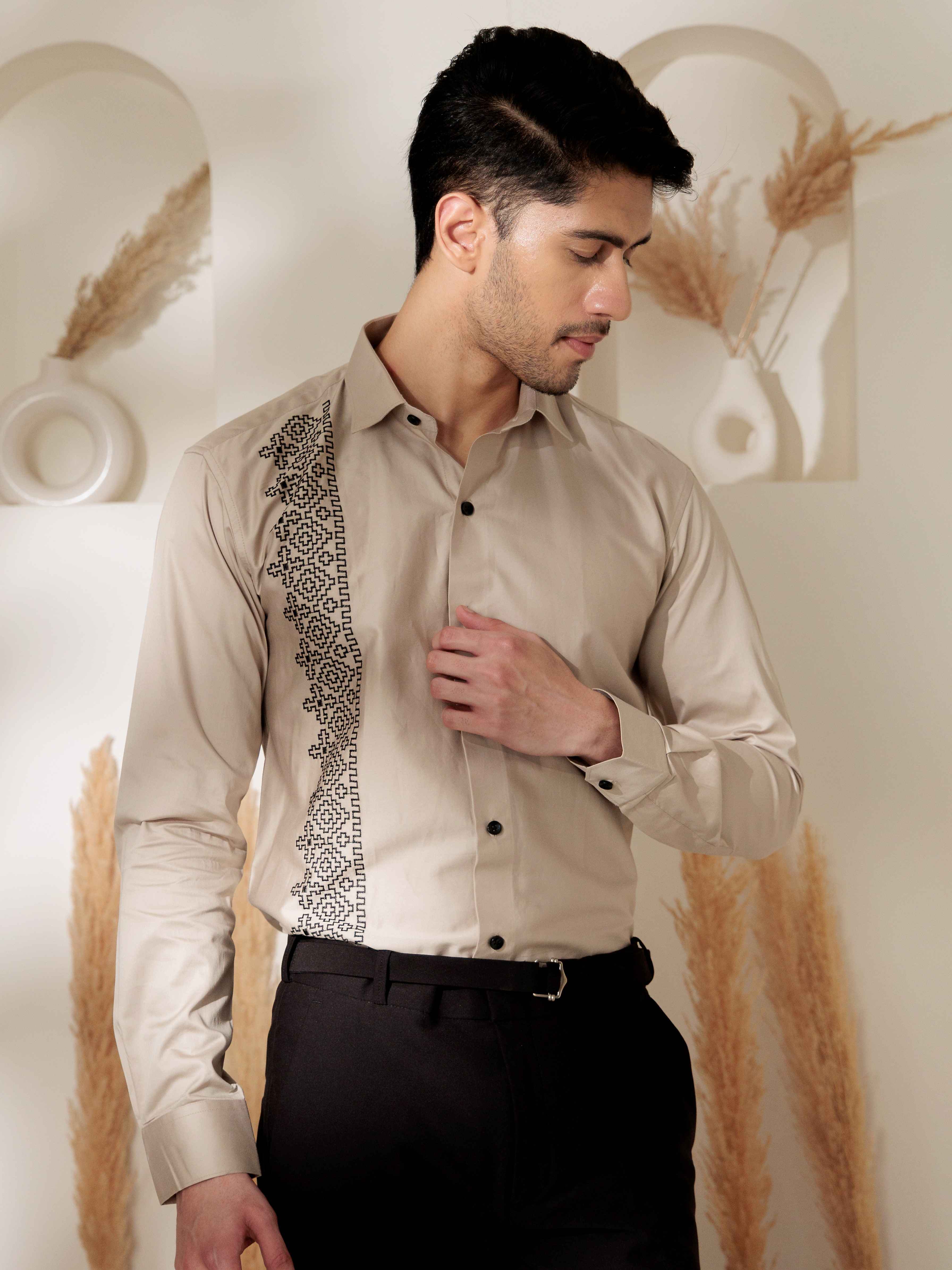 FOOMER CREAM EMBROIDERED DESIGNER WEAR SATIN COTTON SHIRT - Image 6