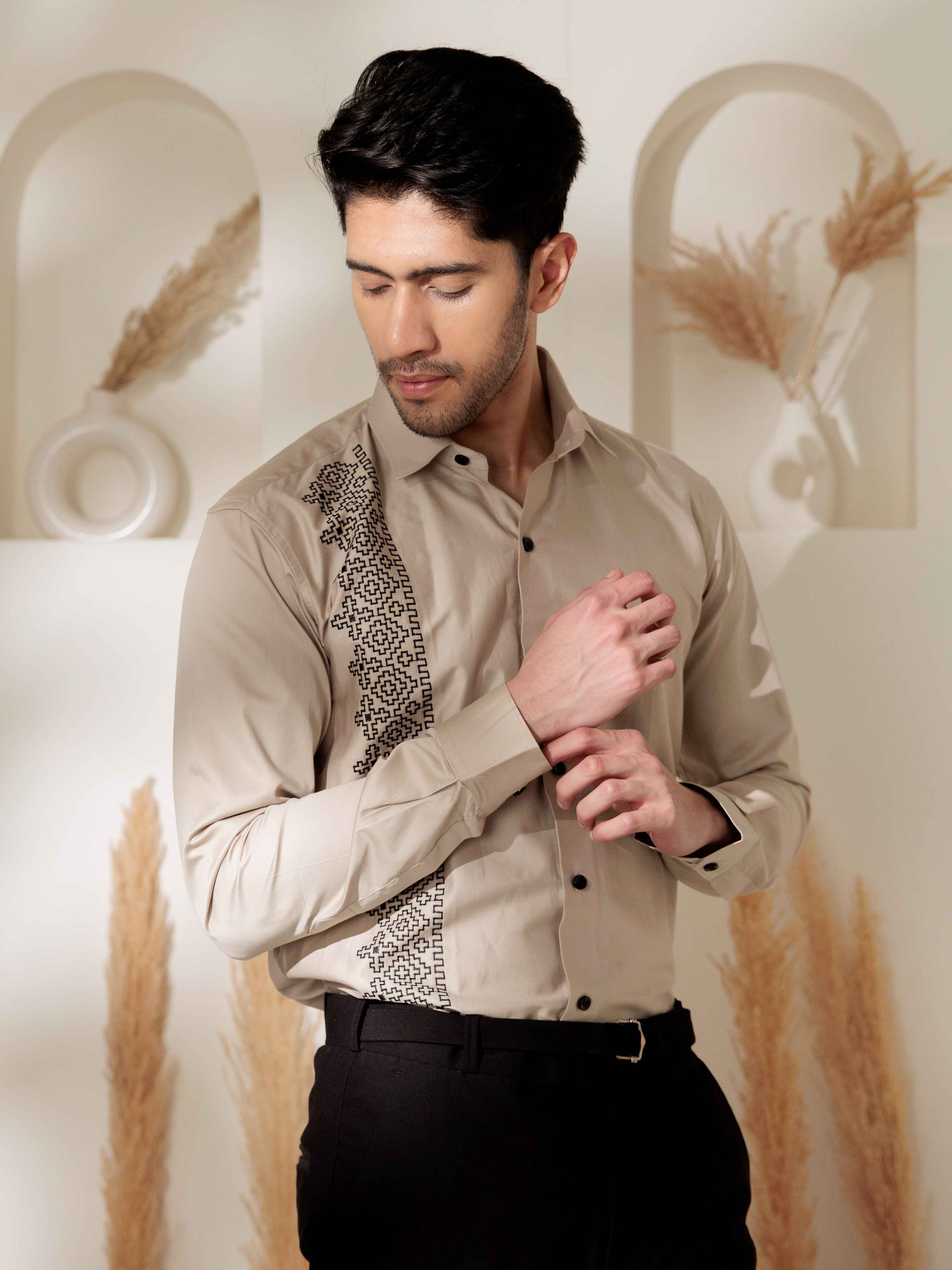 FOOMER CREAM EMBROIDERED DESIGNER WEAR SATIN COTTON SHIRT - Image 7