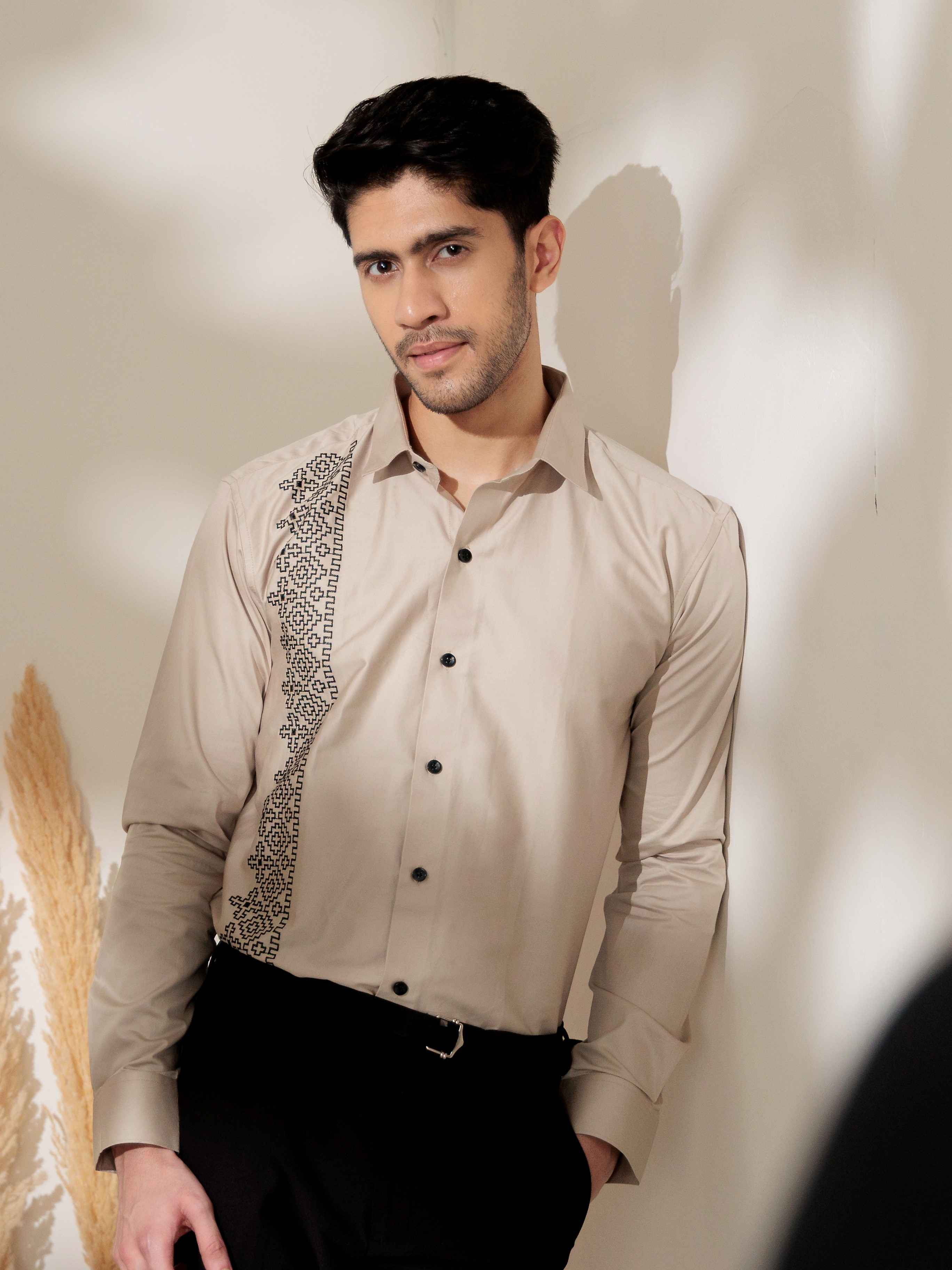 FOOMER CREAM EMBROIDERED DESIGNER WEAR SATIN COTTON SHIRT - Image 8