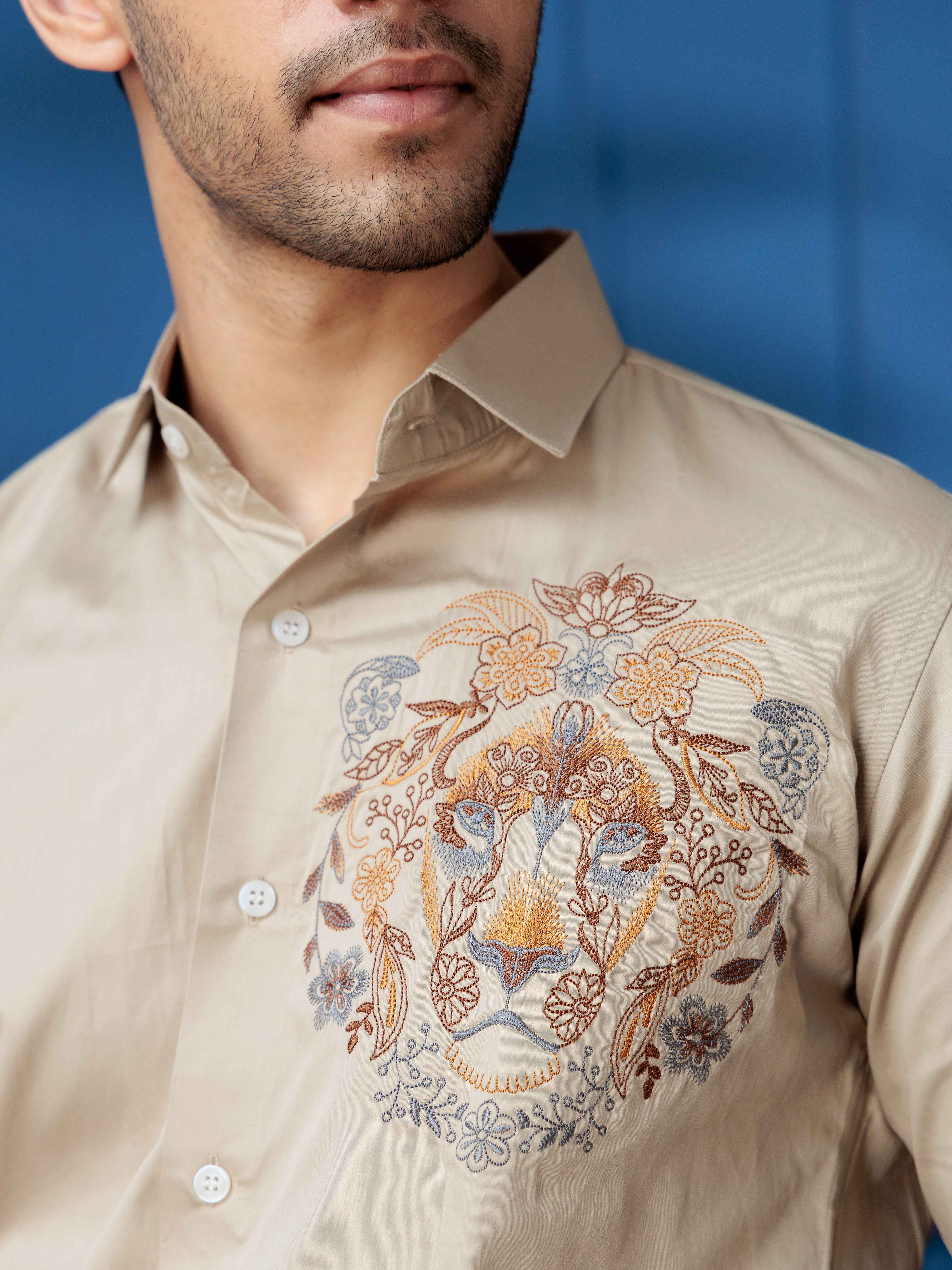 FOOMER CREAM LION EMBROIDERED CLUB WEAR SATIN COTTON SHIRT - Image 2