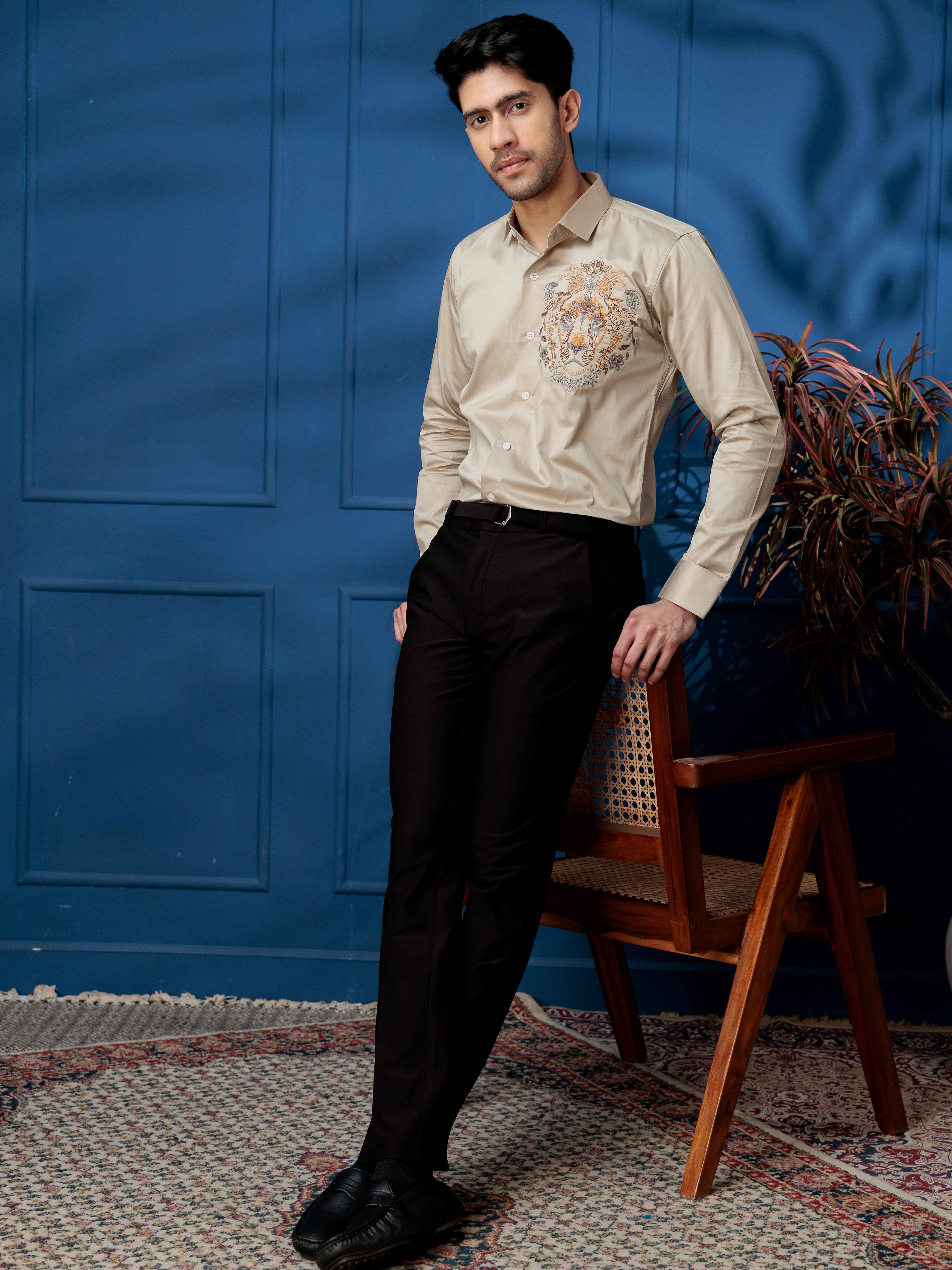 FOOMER CREAM LION EMBROIDERED CLUB WEAR SATIN COTTON SHIRT - Image 6