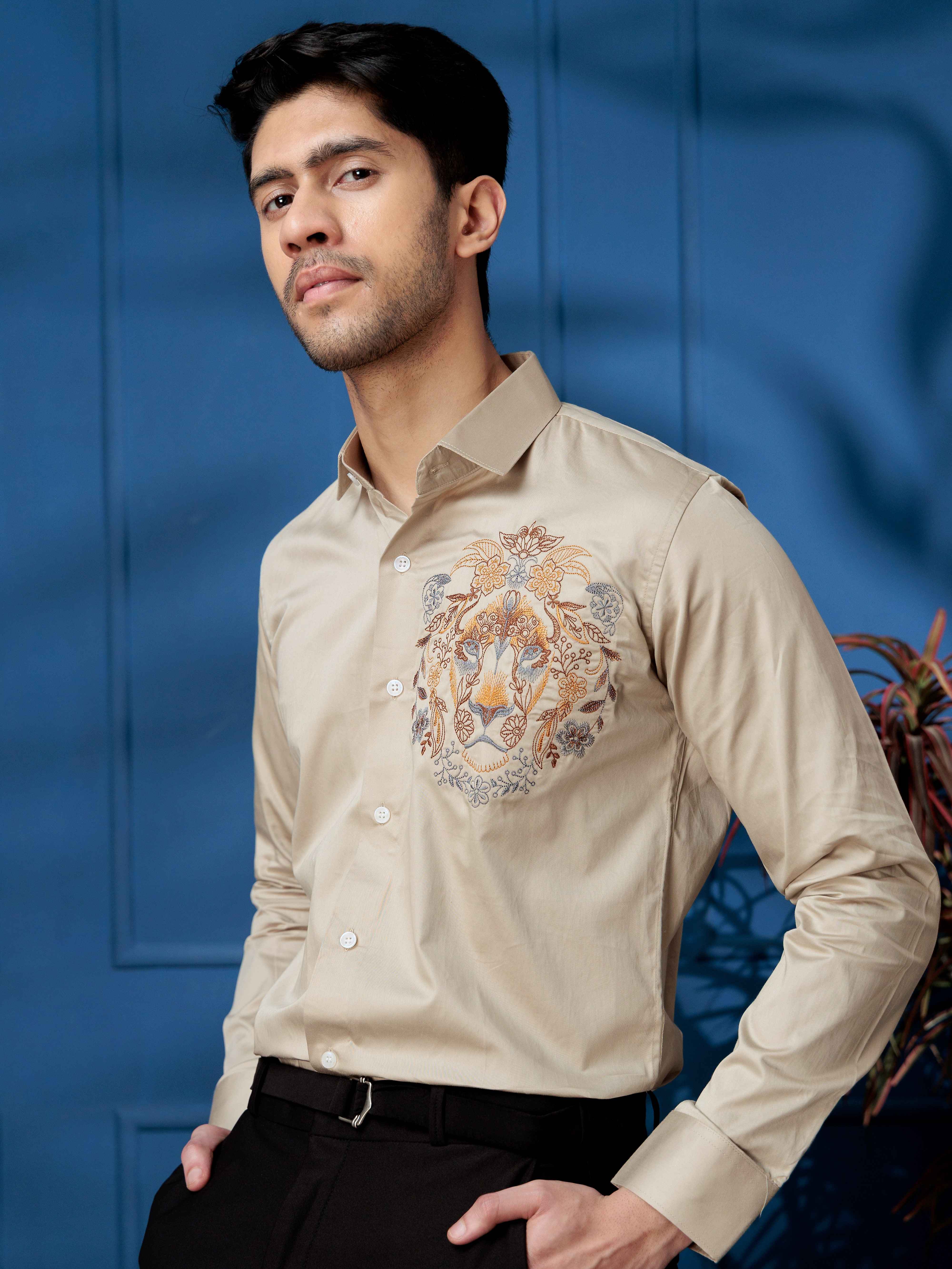 FOOMER CREAM LION EMBROIDERED CLUB WEAR SATIN COTTON SHIRT - Image 7