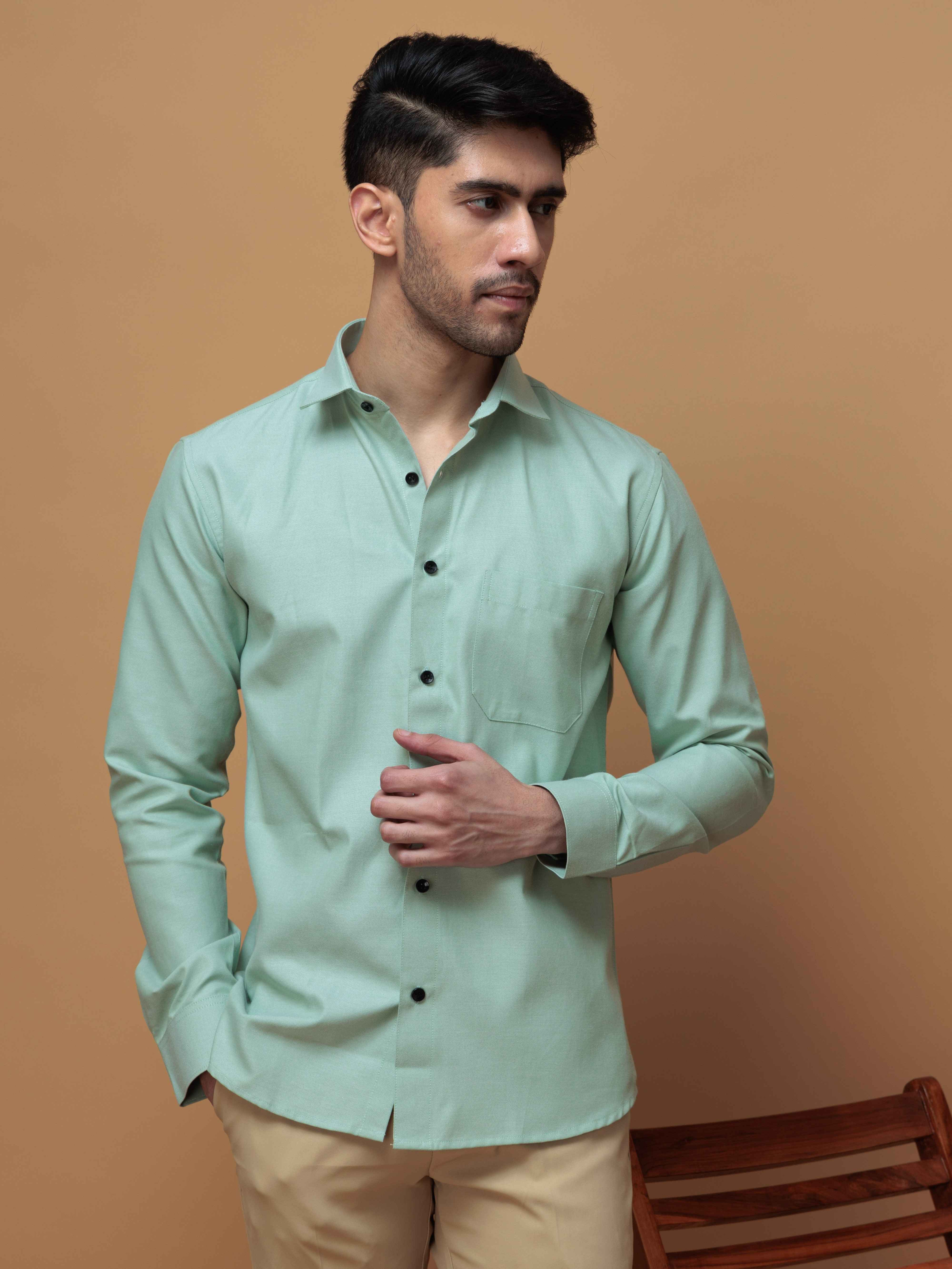 FORMAL GREEN PLAIN OXFORD COTTON CASUAL SHIRT FOR MEN'S - Image 3