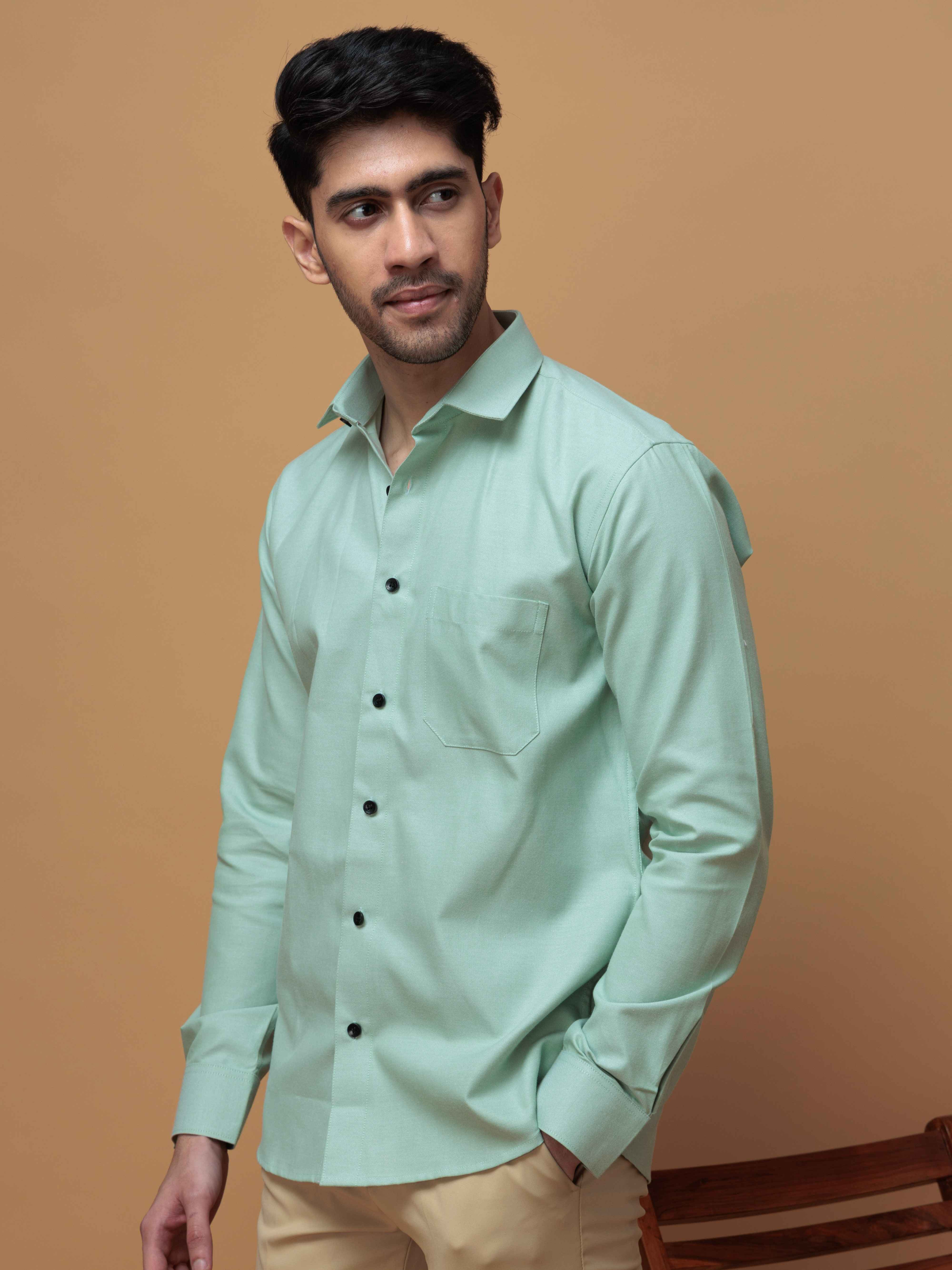 FORMAL GREEN PLAIN OXFORD COTTON CASUAL SHIRT FOR MEN'S - Image 4