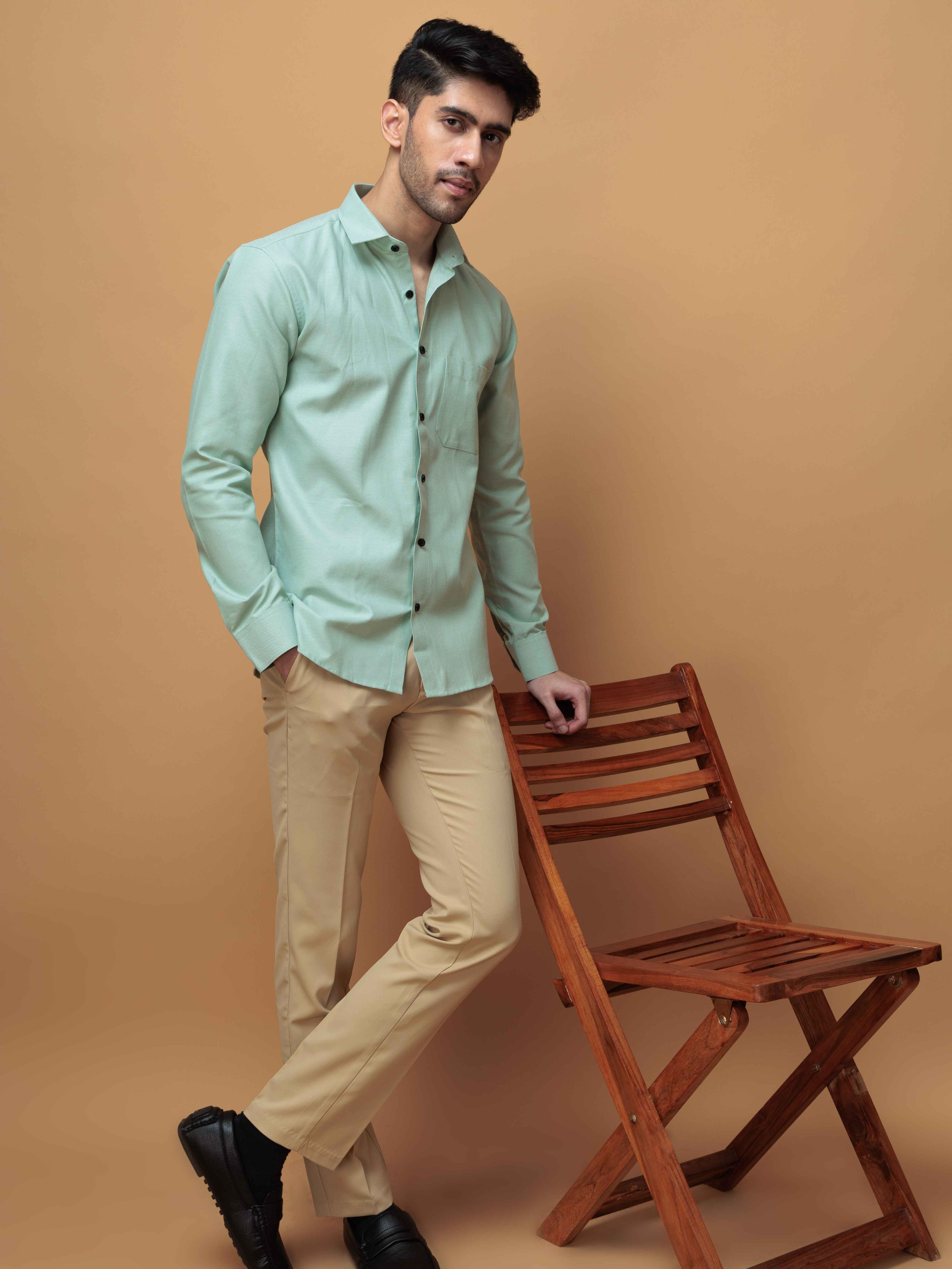 FORMAL GREEN PLAIN OXFORD COTTON CASUAL SHIRT FOR MEN'S - Image 5
