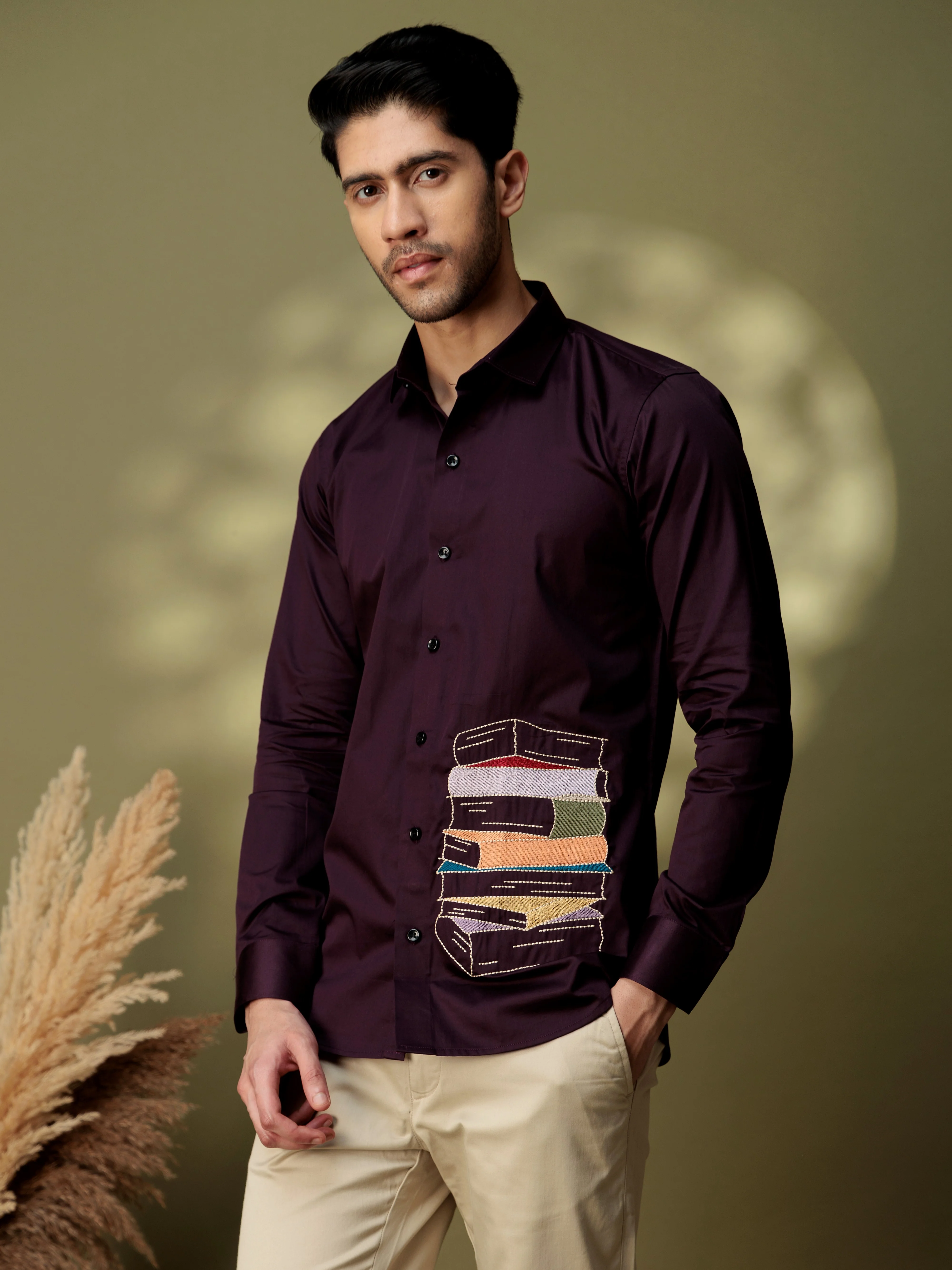 FOOMER DARK PURPLE EMBROIDERED DESIGNER WEAR SATIN COTTON SHIRT