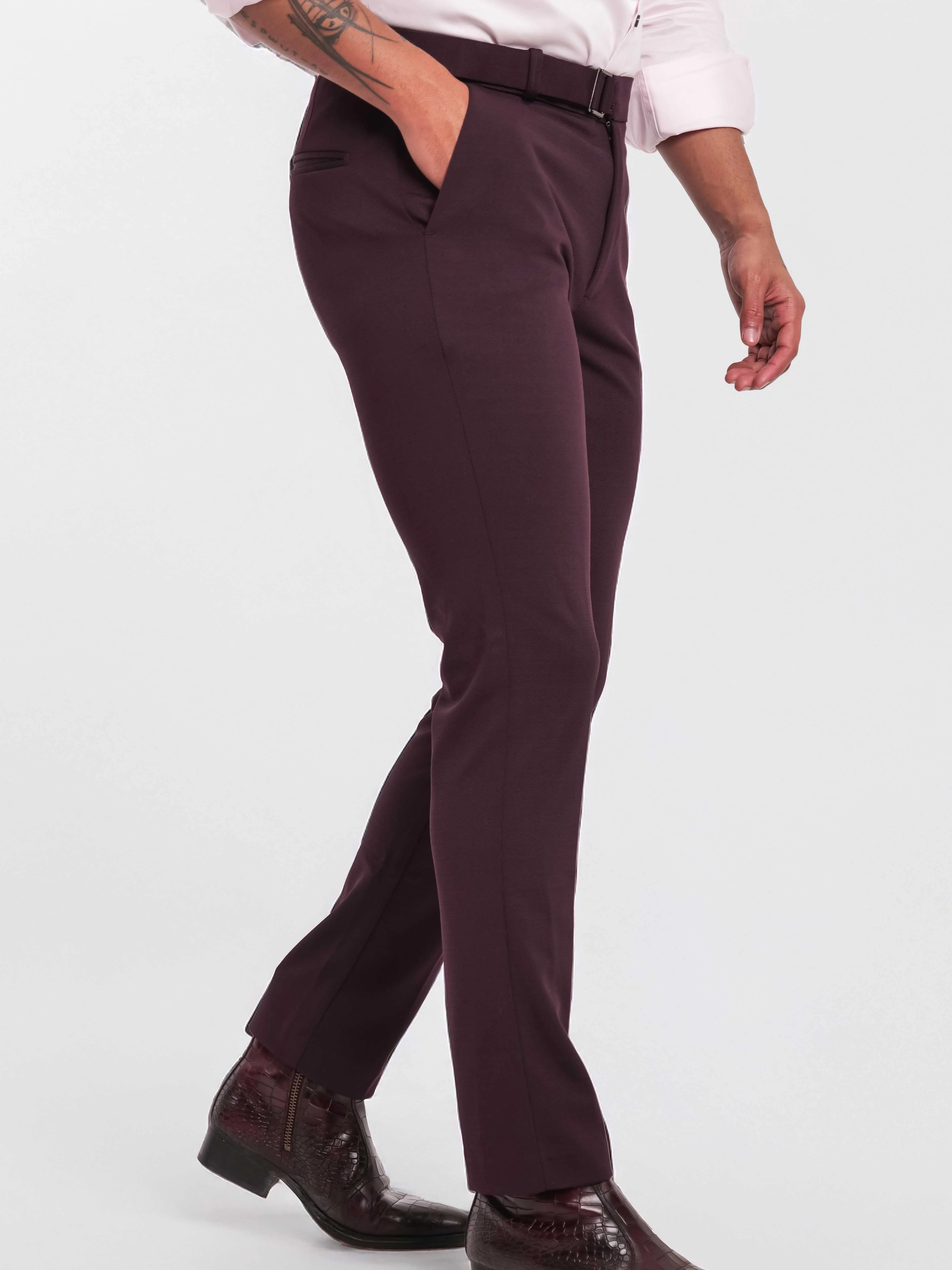 Foomer Dark Wine Sharp Fit Cotton Trouser For Men's - Image 3