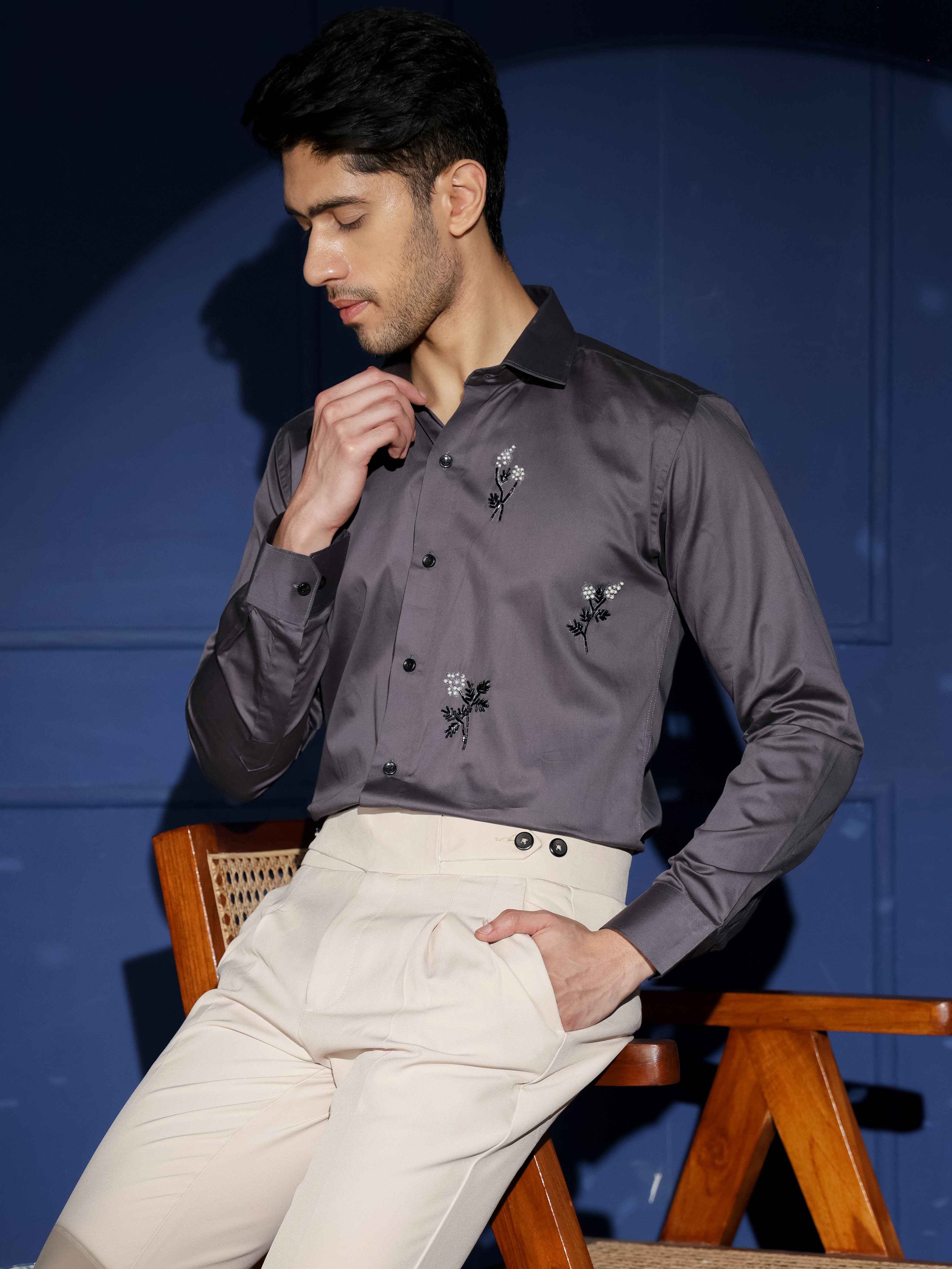 FOOMER FLORAL HD RHINESTONE HAND WORK SATIN COTTON SHIRT - Image 3