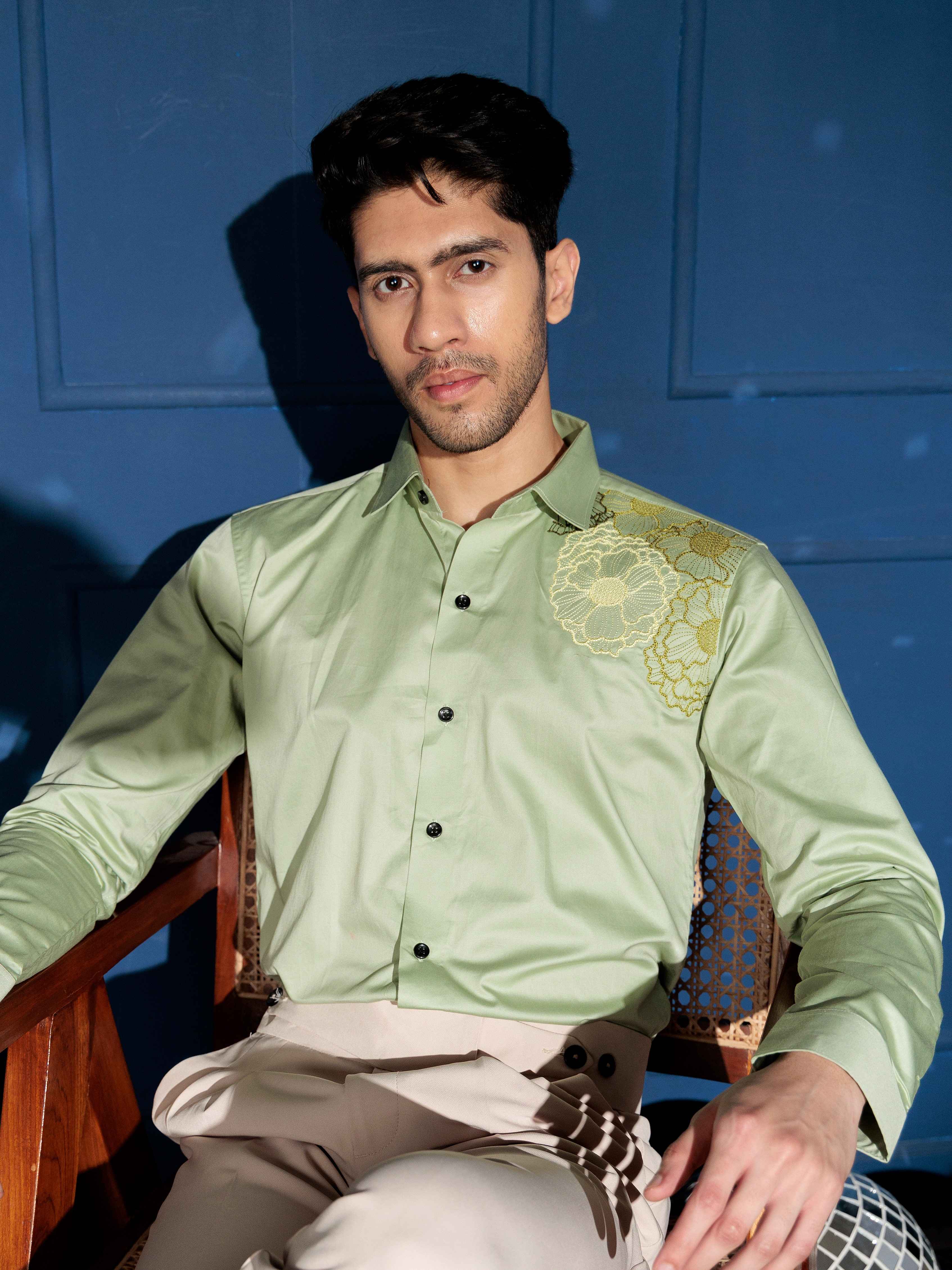 FOOMER FLOWER EMBROIDERED CLUB WEAR SATIN COTTON SHIRT