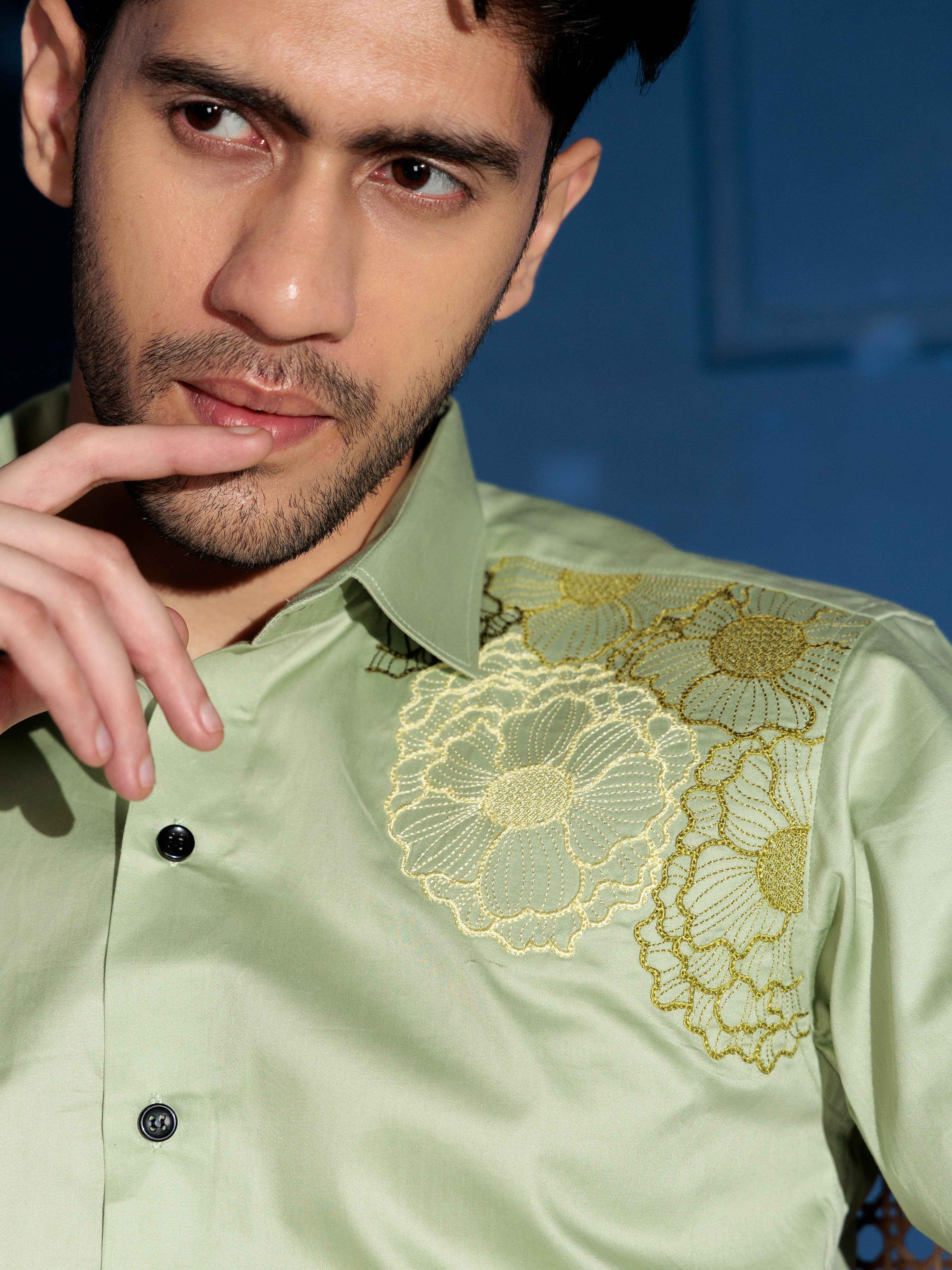 FOOMER FLOWER EMBROIDERED CLUB WEAR SATIN COTTON SHIRT - Image 2