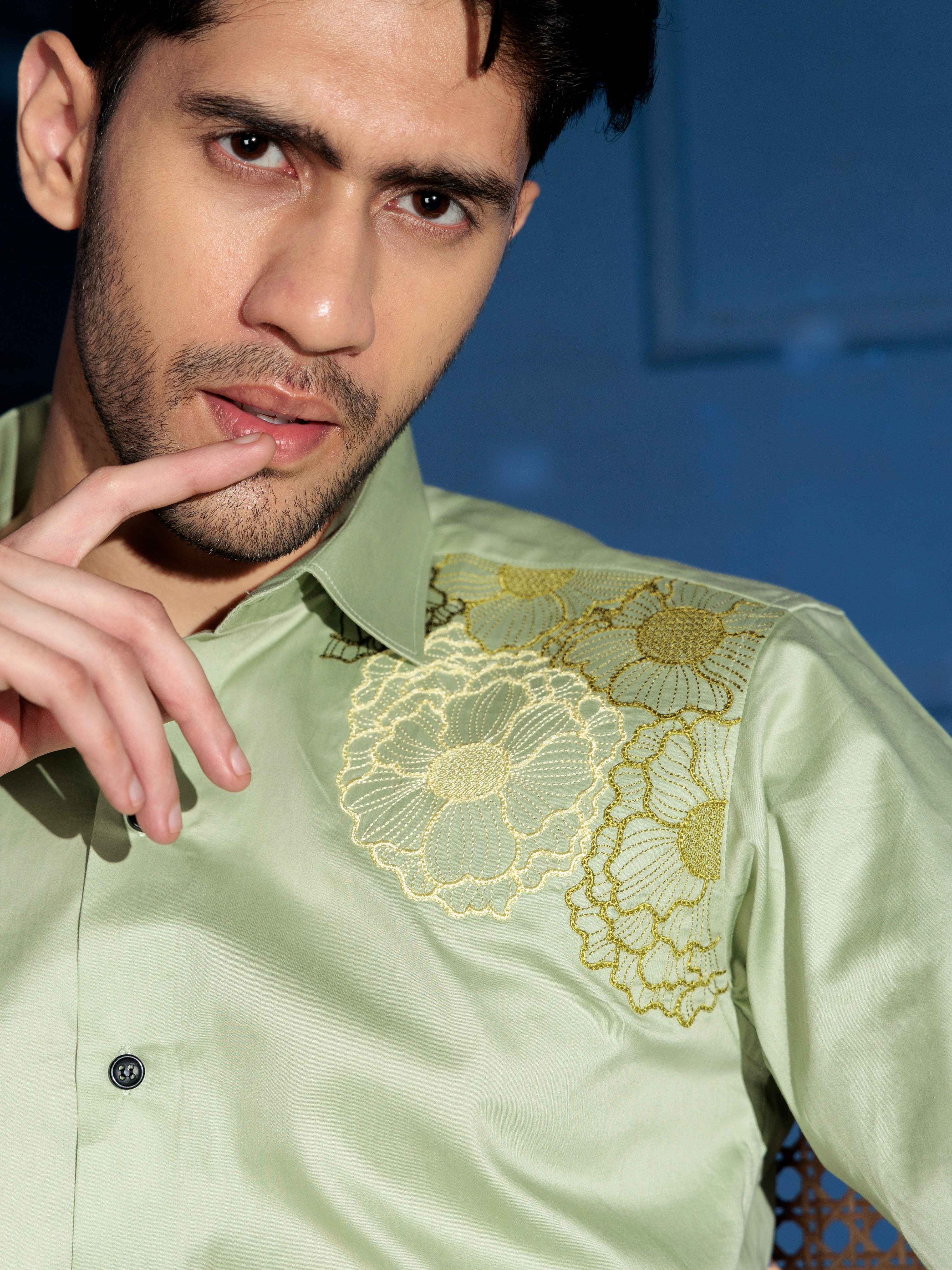 FOOMER FLOWER EMBROIDERED CLUB WEAR SATIN COTTON SHIRT - Image 4