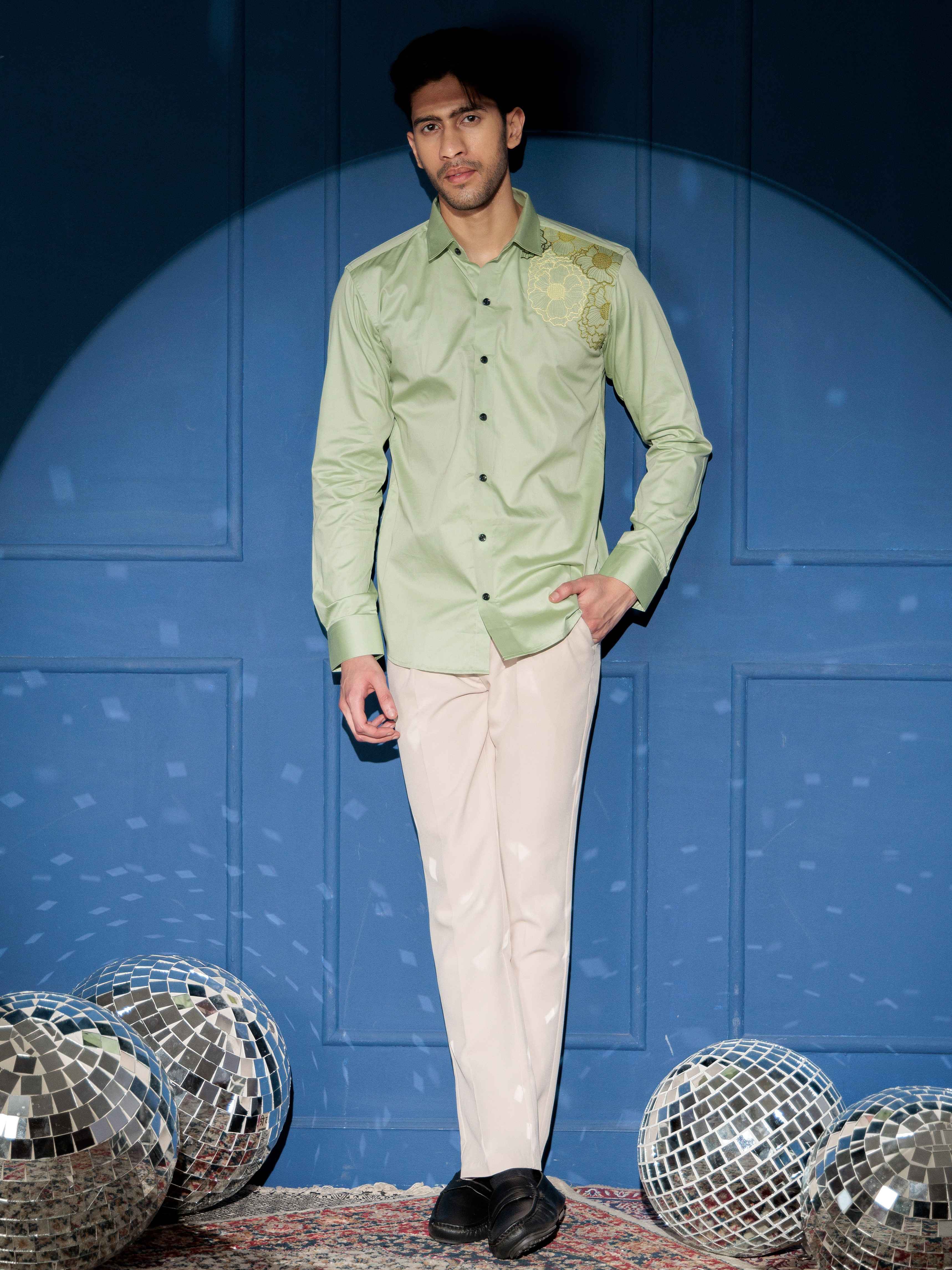 FOOMER FLOWER EMBROIDERED CLUB WEAR SATIN COTTON SHIRT - Image 7