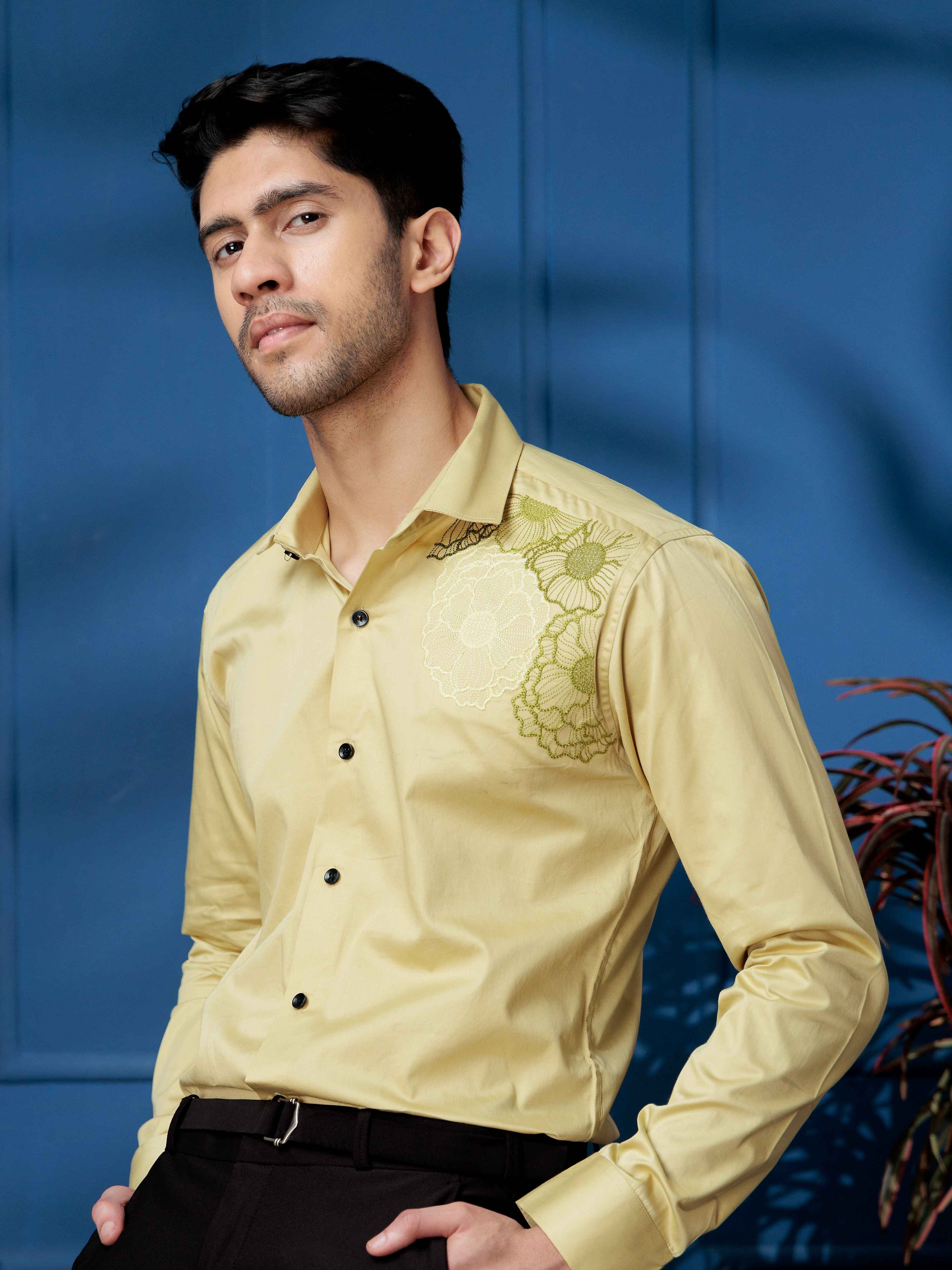 FOOMER FLOWER EMBROIDERED CLUB WEAR SATIN COTTON SHIRT FOR MEN