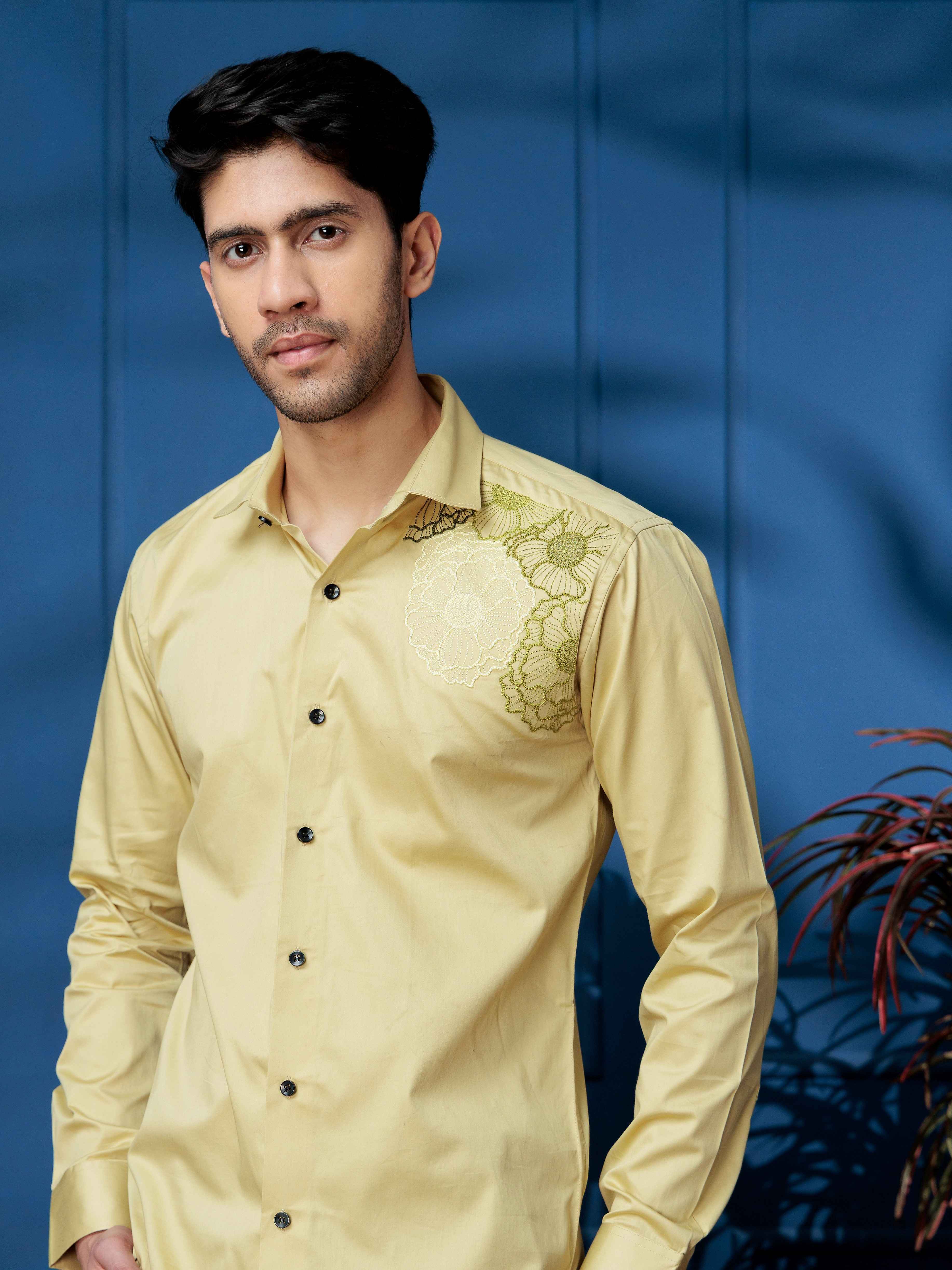 FOOMER FLOWER EMBROIDERED CLUB WEAR SATIN COTTON SHIRT FOR MEN - Image 3