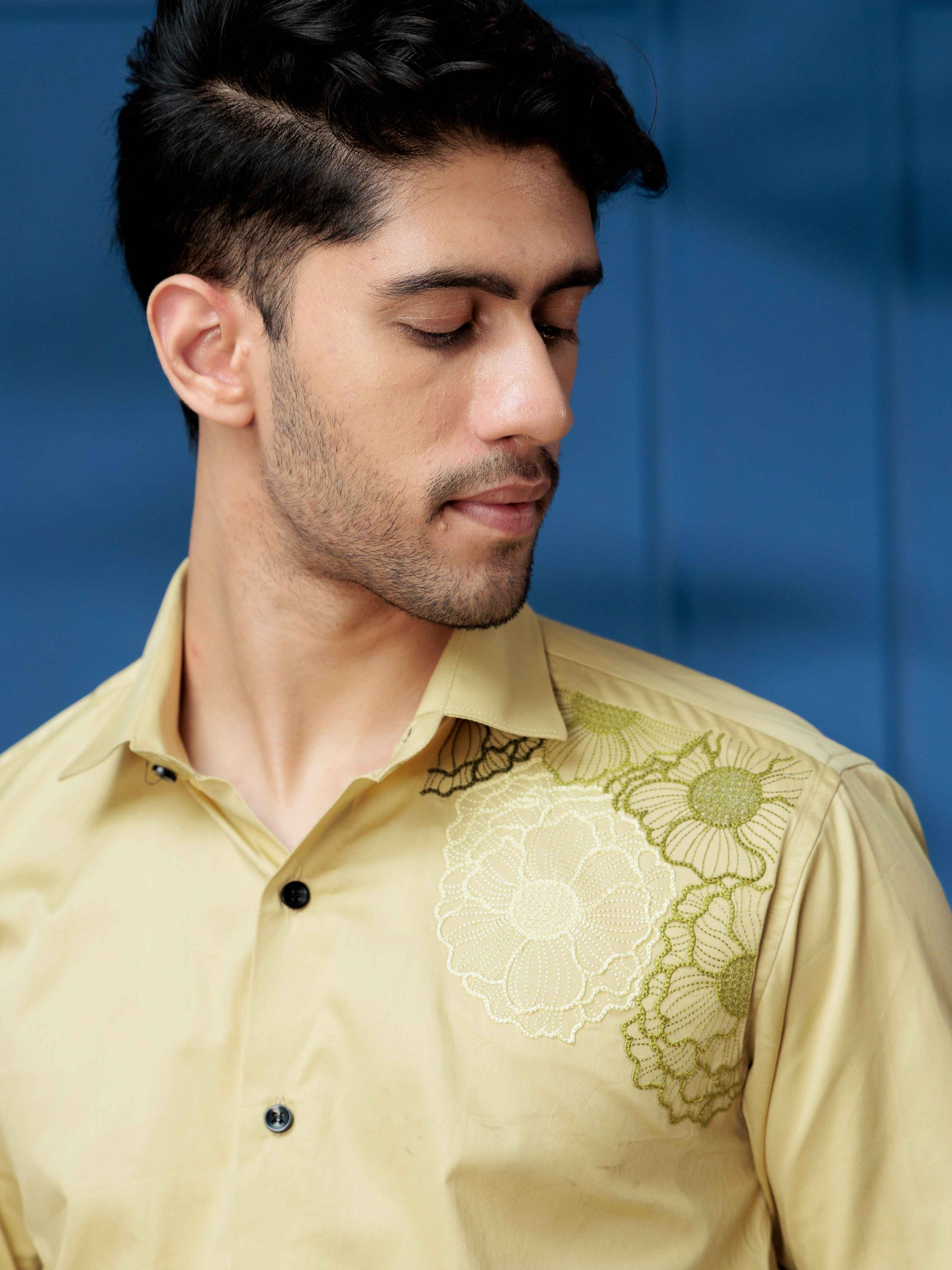 FOOMER FLOWER EMBROIDERED CLUB WEAR SATIN COTTON SHIRT FOR MEN - Image 4