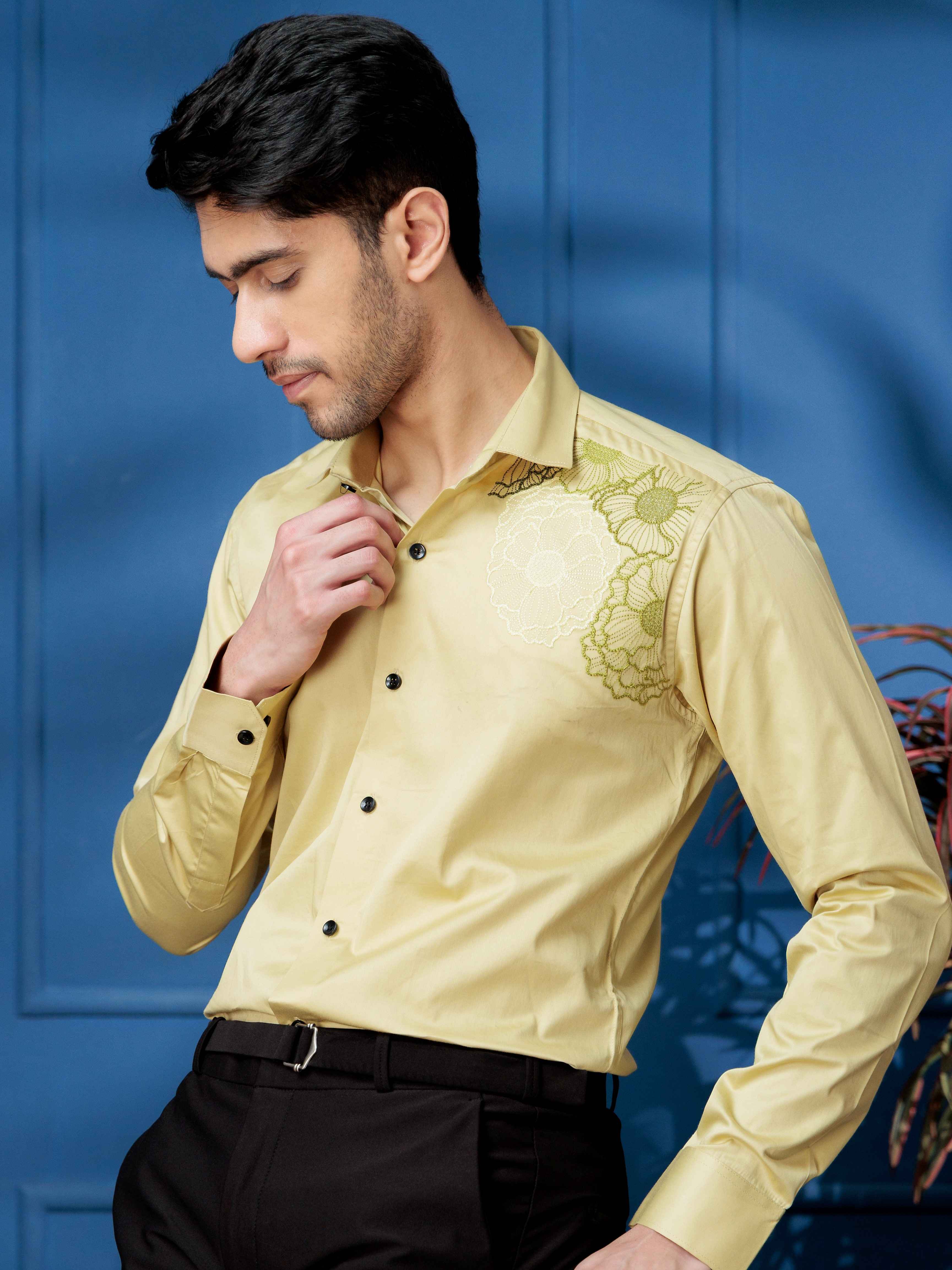 FOOMER FLOWER EMBROIDERED CLUB WEAR SATIN COTTON SHIRT FOR MEN - Image 5