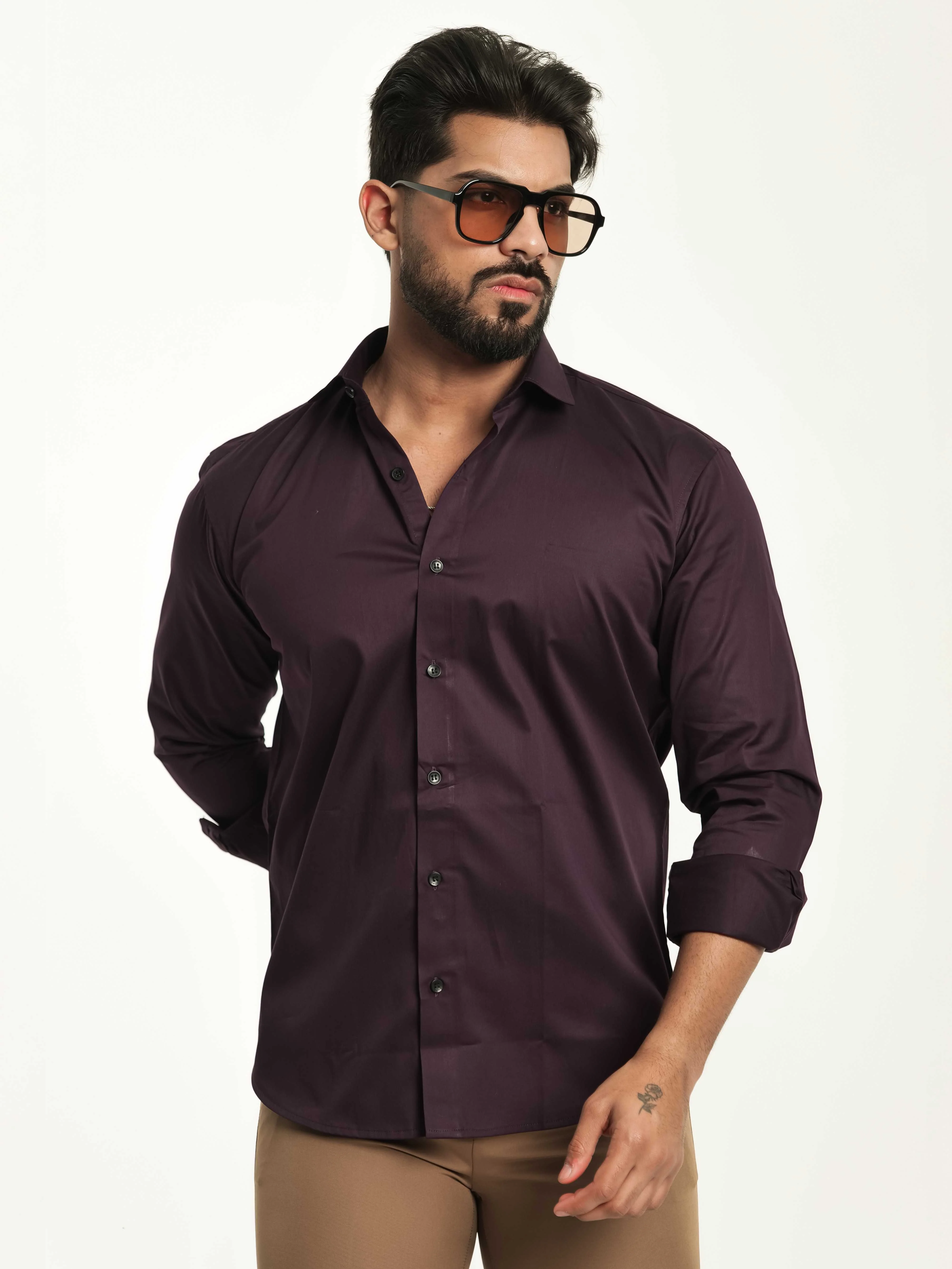 FOOMER FORMY DARK PURPLE LUXURY SATIN SHIRT FOR MEN'S