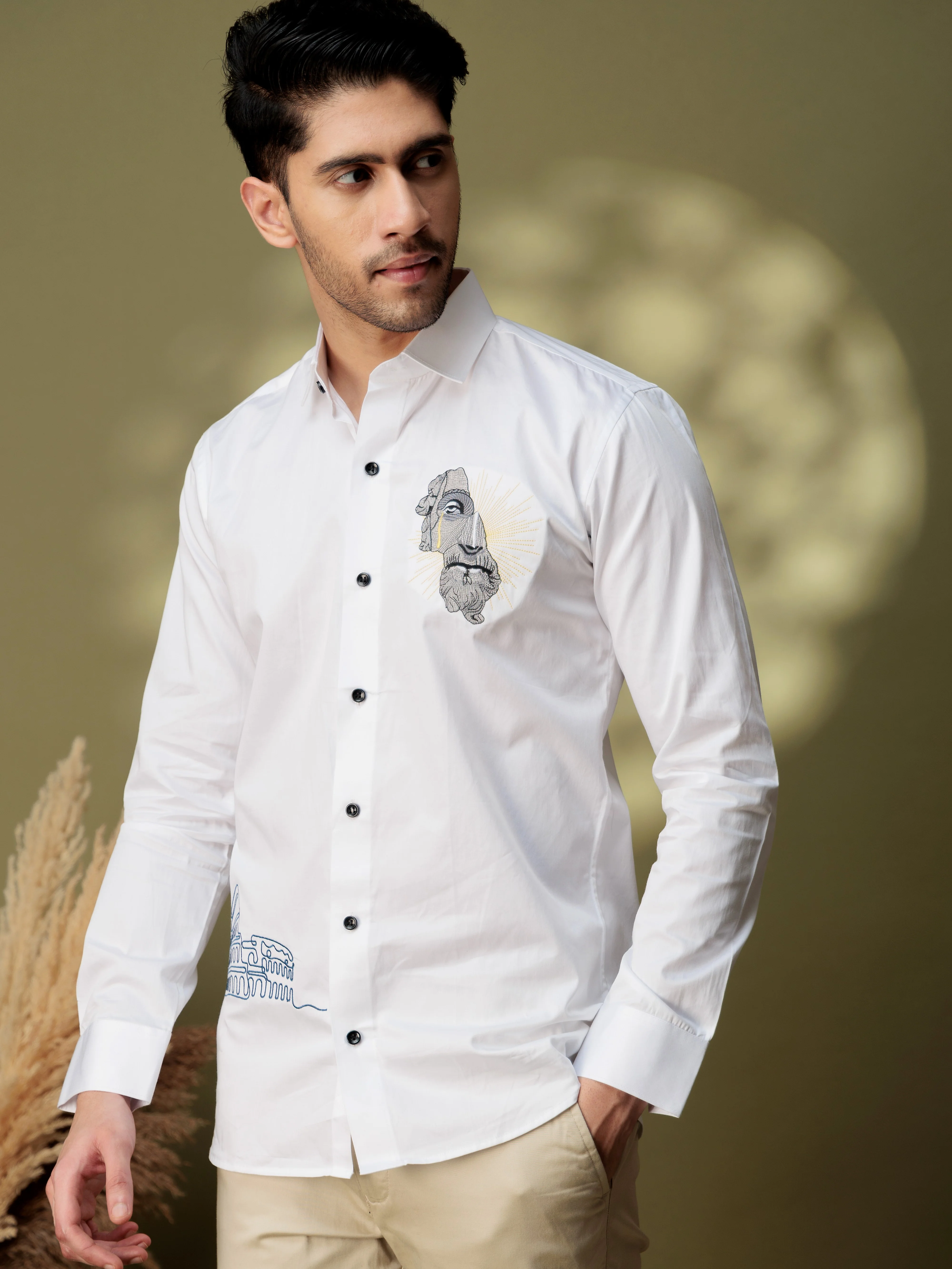 FOOMER GREEK BUILDING EMBROIDERY DESIGNER WHITE SATIN SHIRT FOR MEN