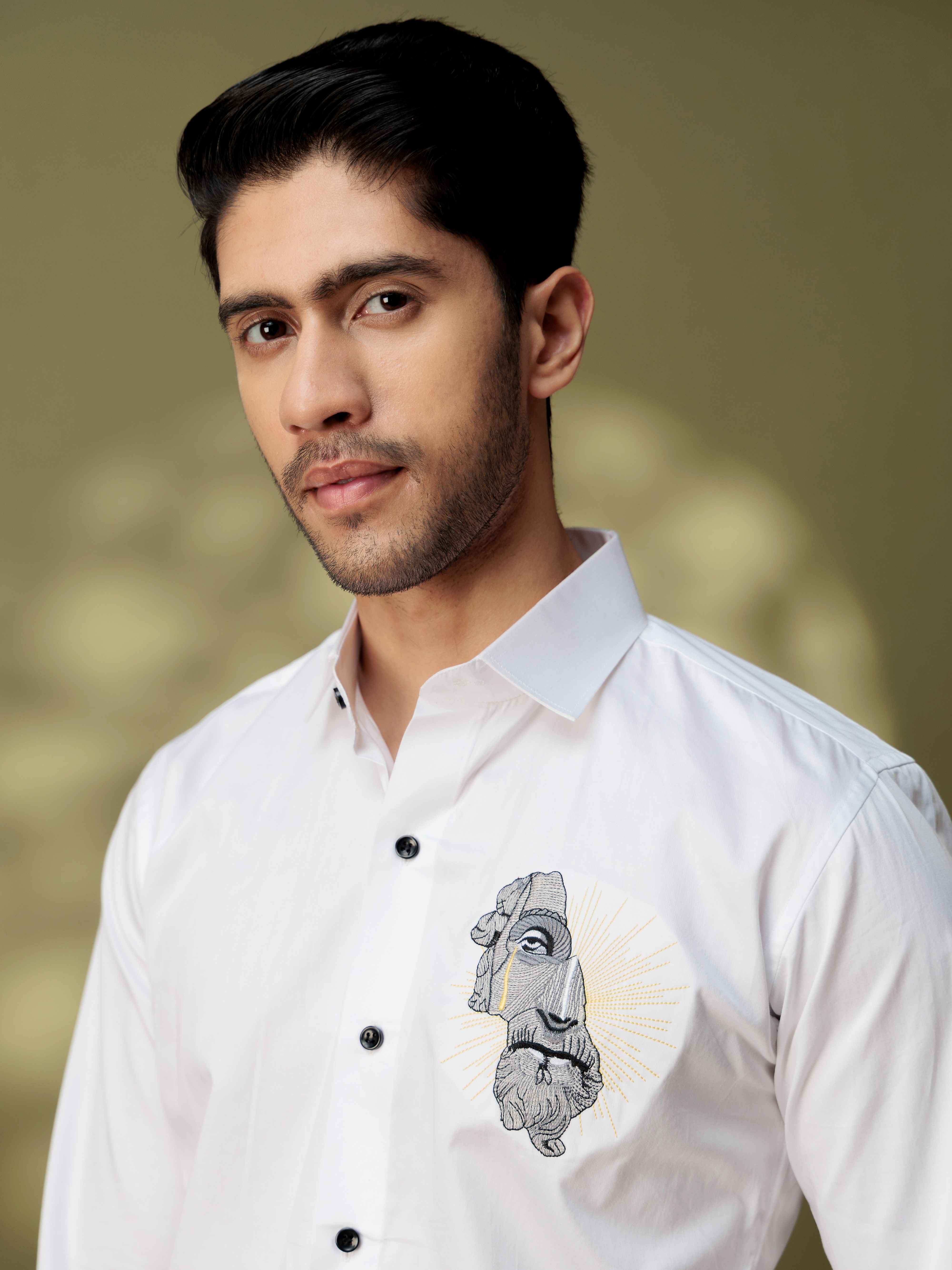 FOOMER GREEK BUILDING EMBROIDERY DESIGNER WHITE SATIN SHIRT FOR MEN - Image 2