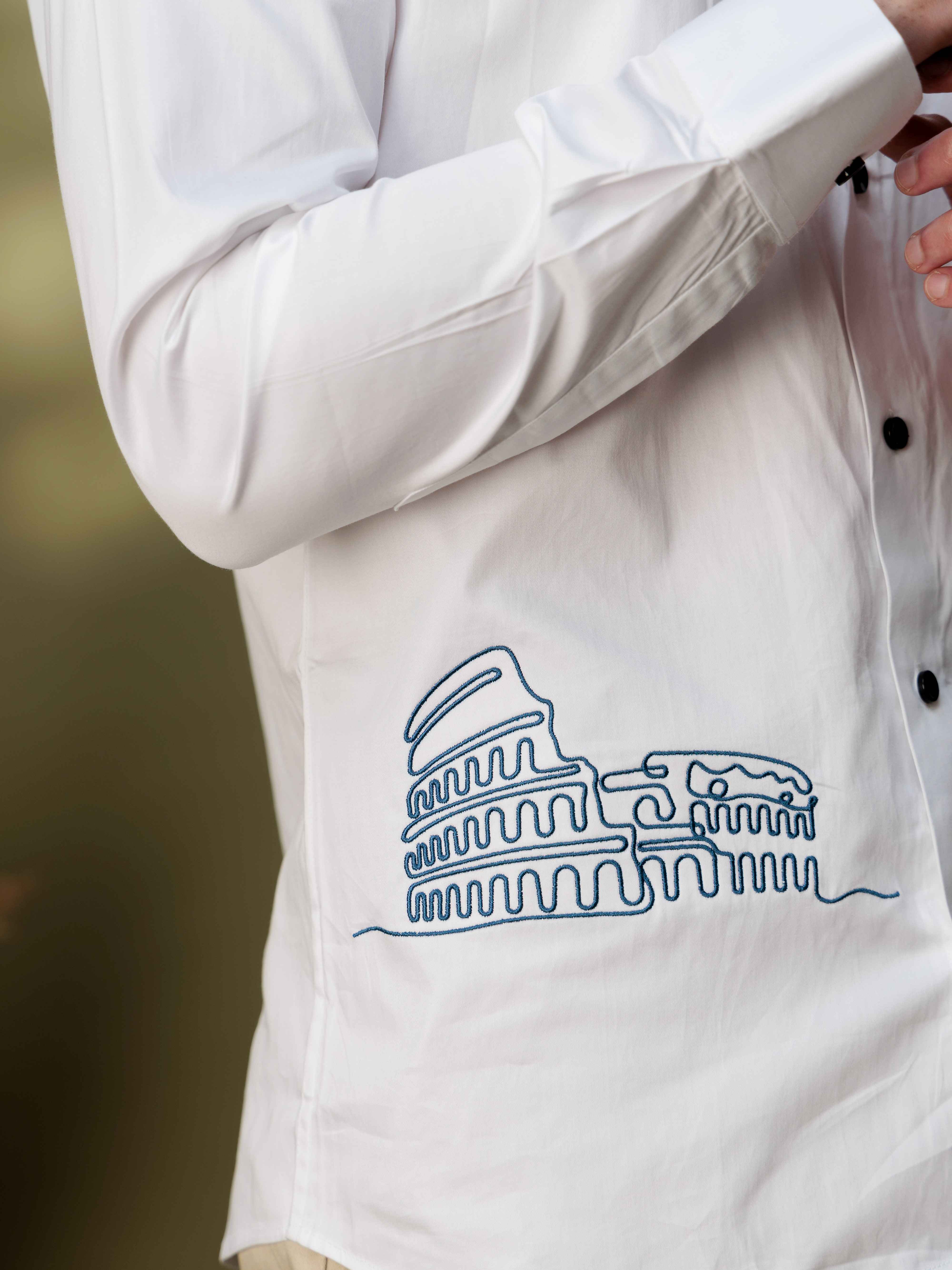 FOOMER GREEK BUILDING EMBROIDERY DESIGNER WHITE SATIN SHIRT FOR MEN - Image 3