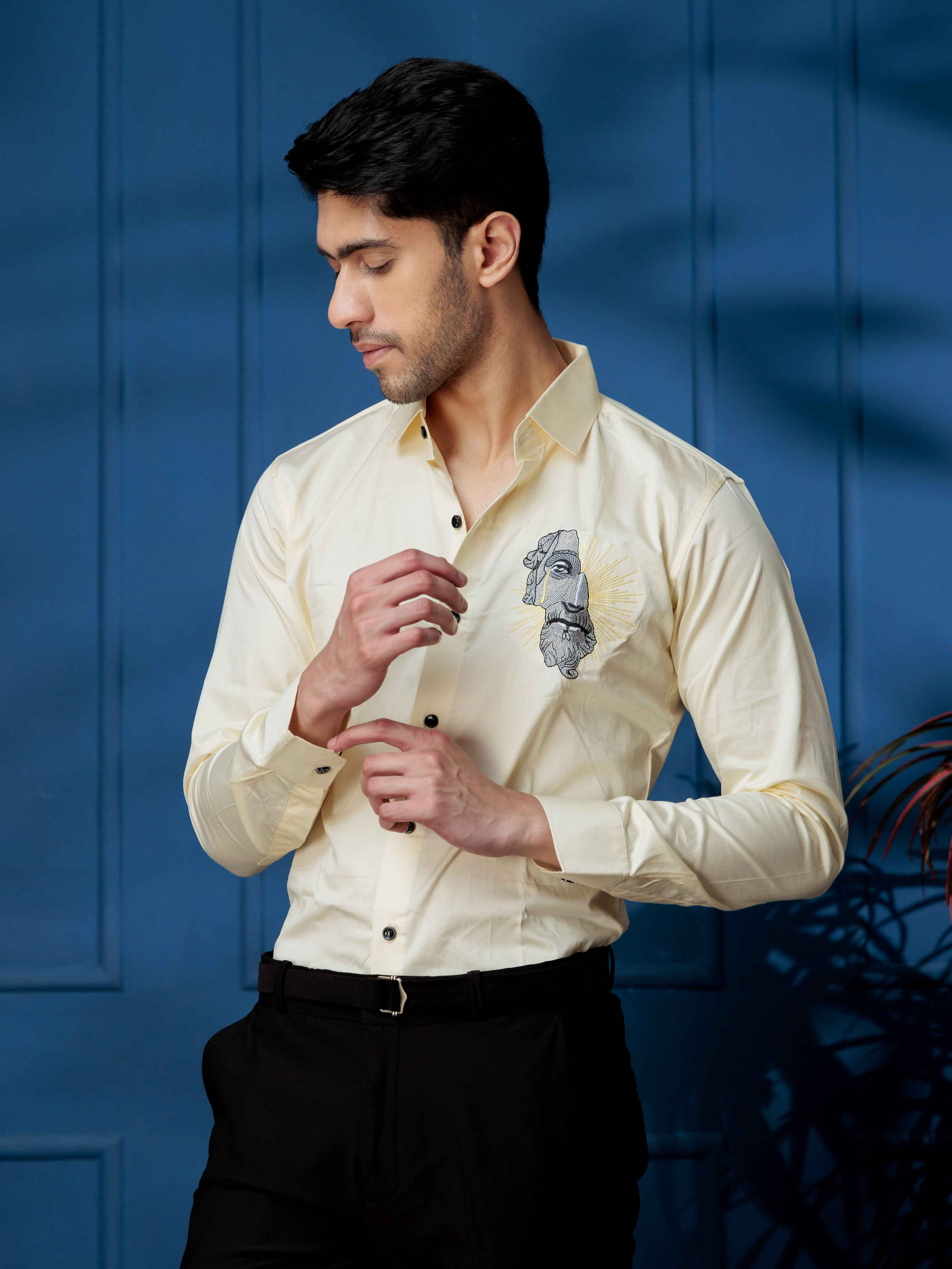 FOOMER GREEK STATUE EMBROIDERY DESIGNER YELLOW SATIN SHIRT FOR MEN