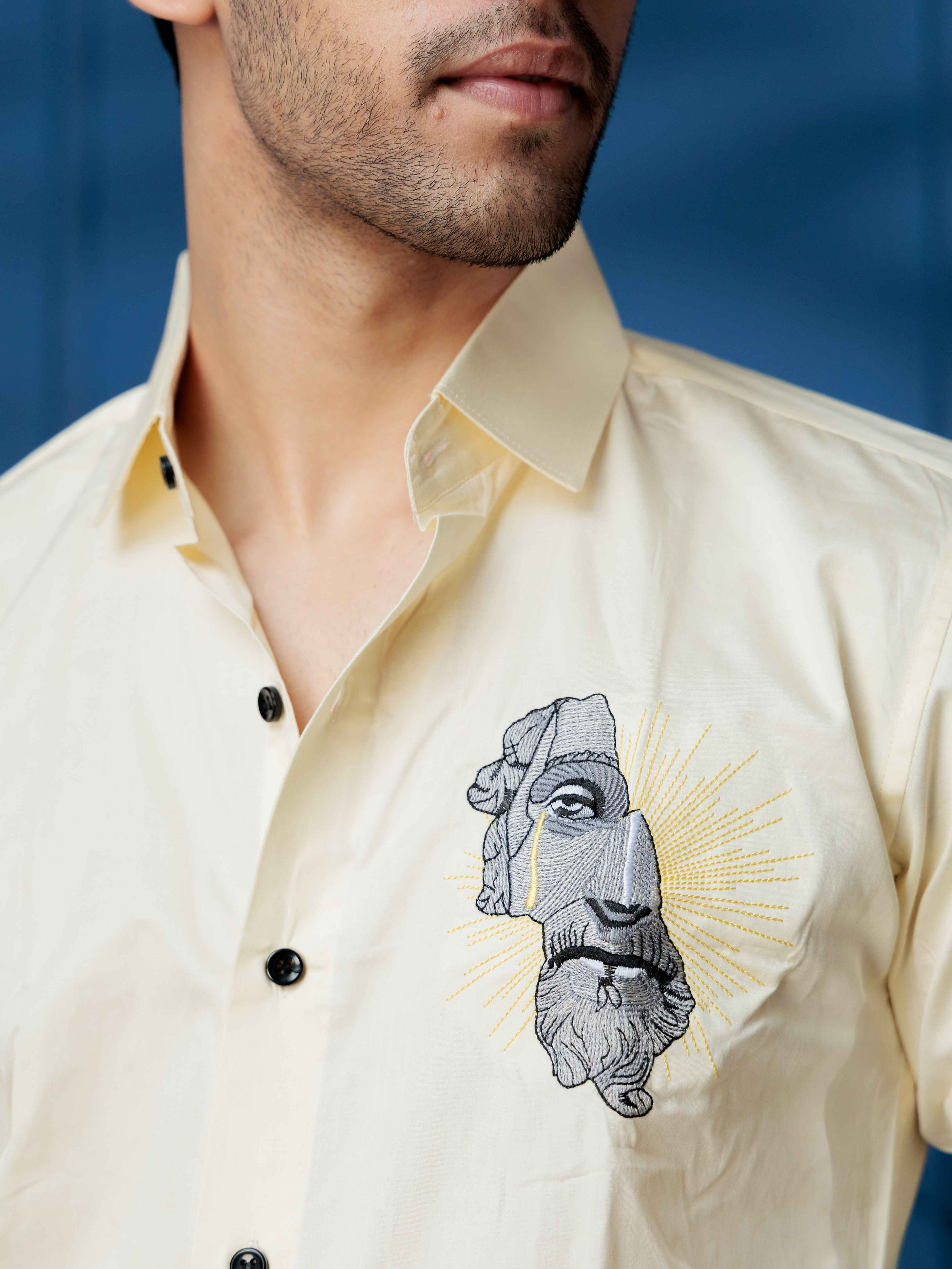 FOOMER GREEK STATUE EMBROIDERY DESIGNER YELLOW SATIN SHIRT FOR MEN - Image 2