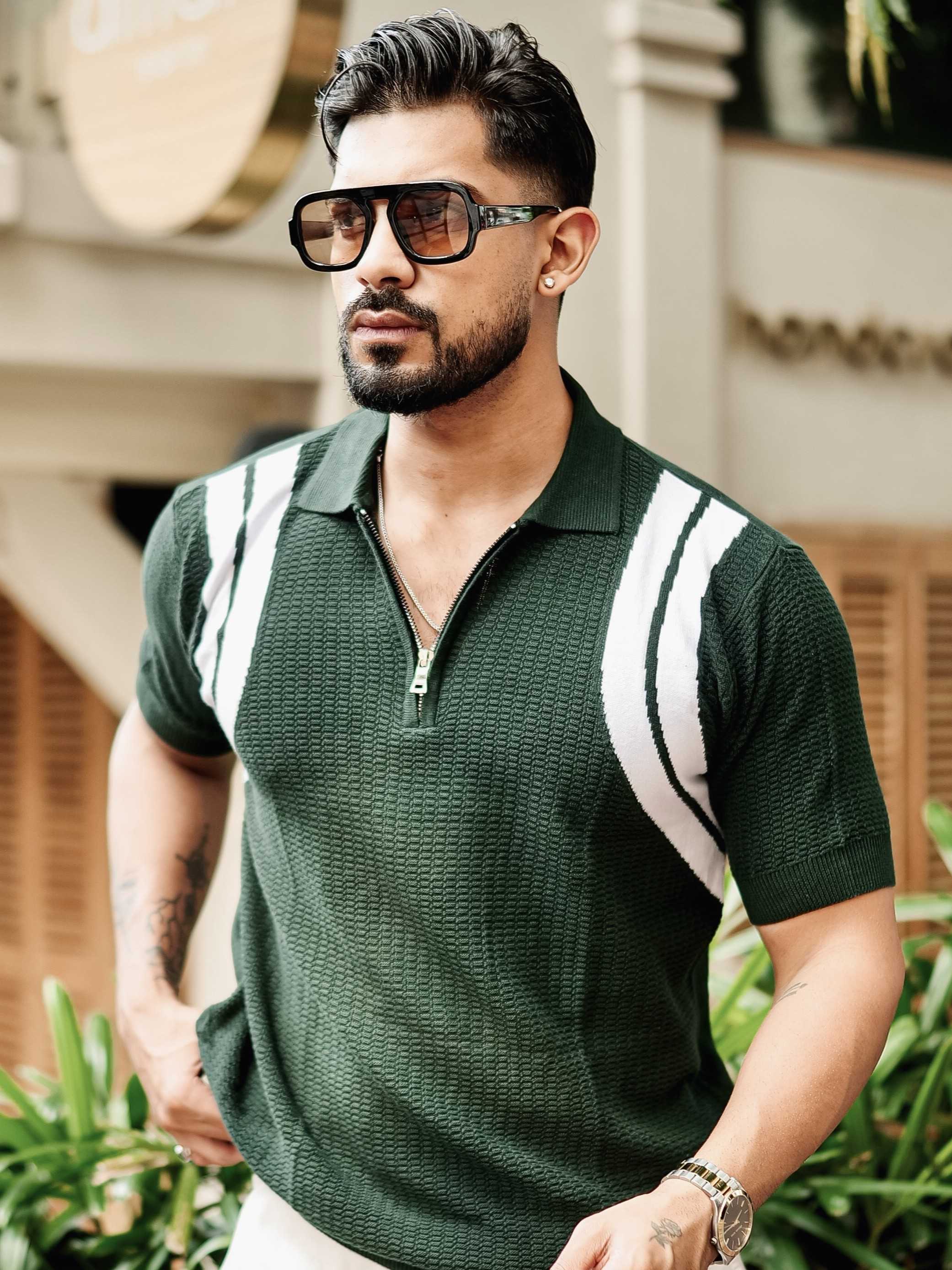 FOOMER GREEN HALF SLEEVE KNITTED TSHIRT FOR MEN'S