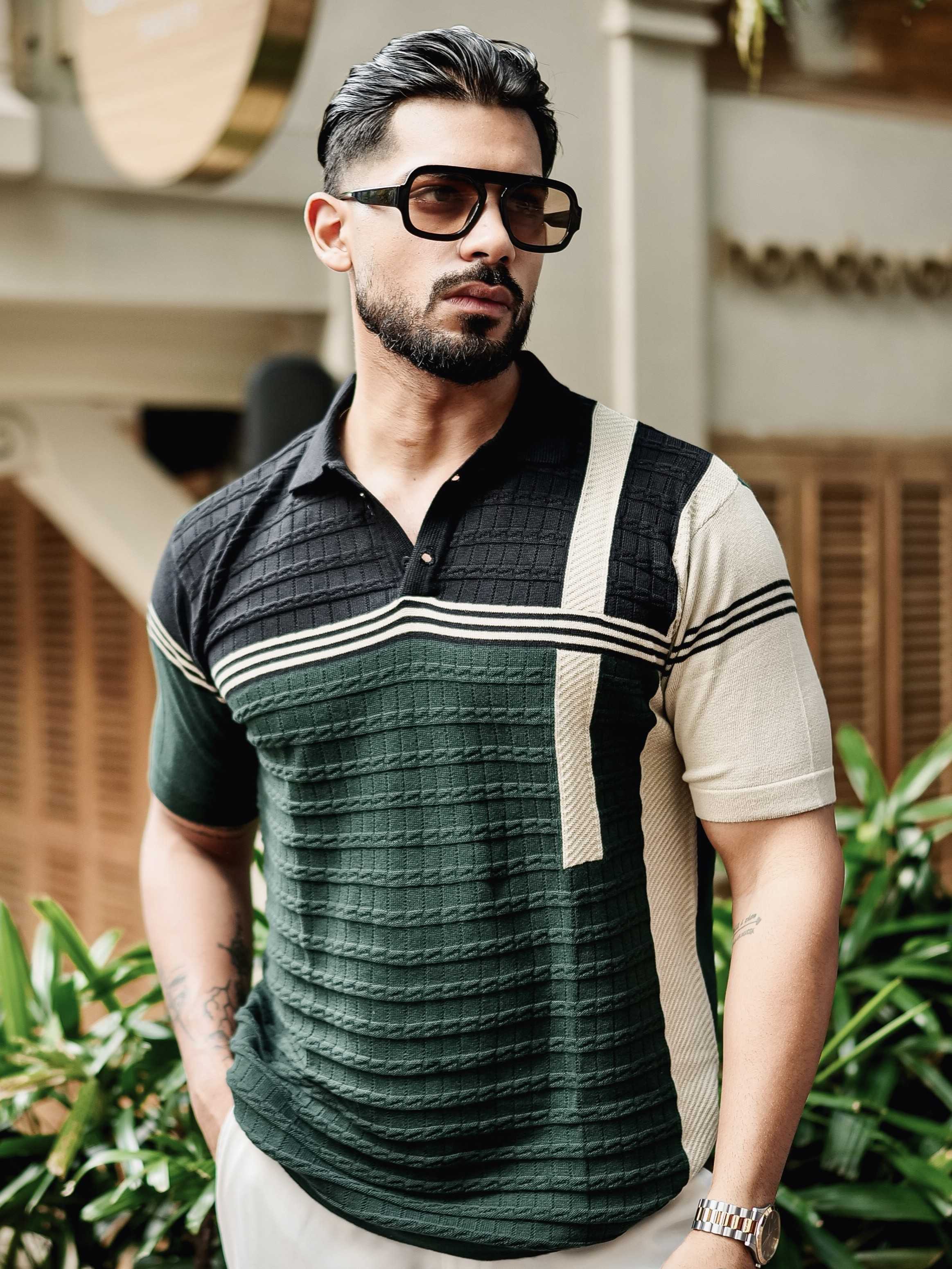 FOOMER GREEN HALF SLEEVE KNITTED TSHIRT FOR MEN'S