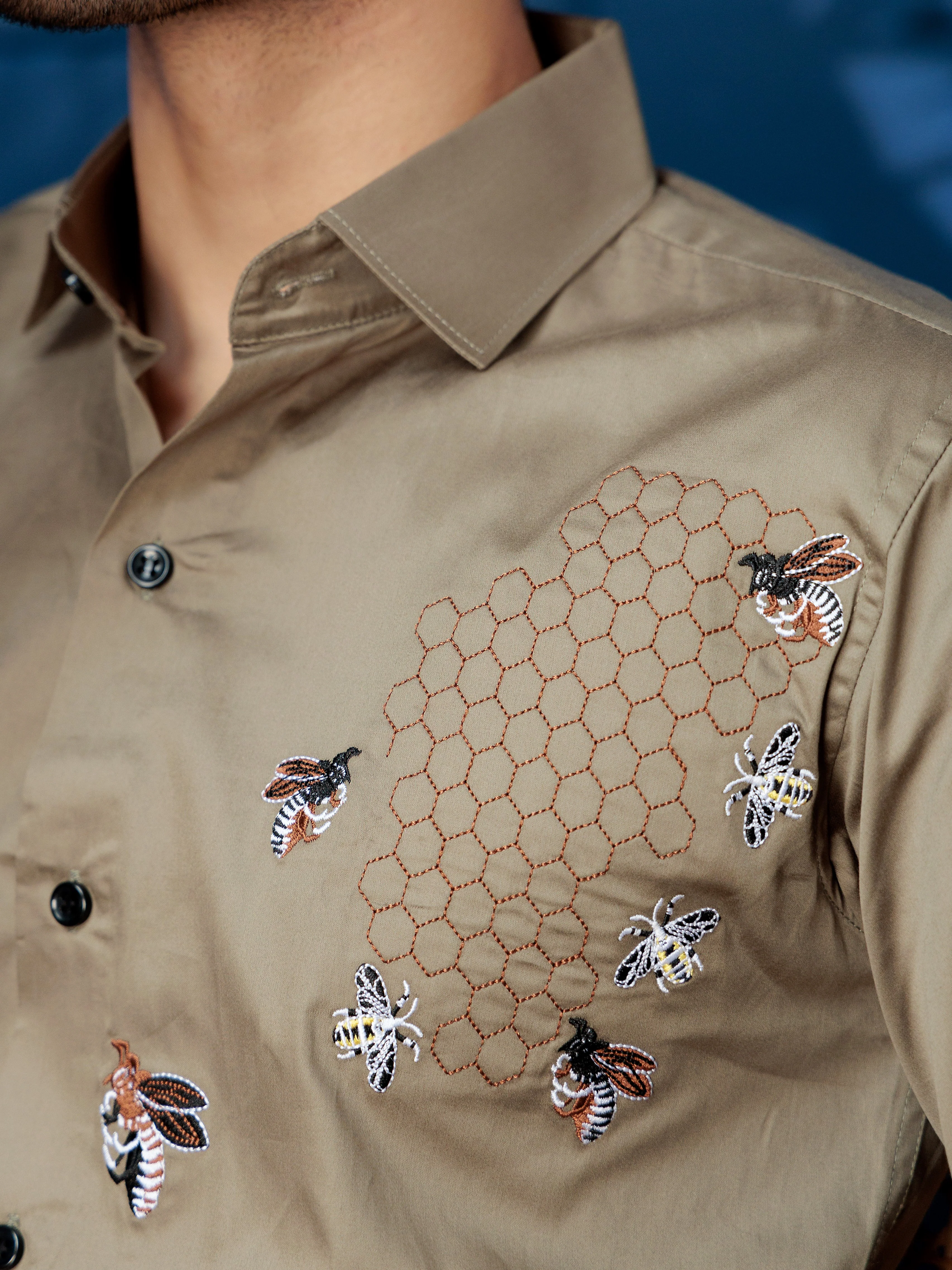 FOOMER GREEN HONEY BEES EMBROIDERED CLUB WEAR SATIN COTTON SHIRT - Image 2