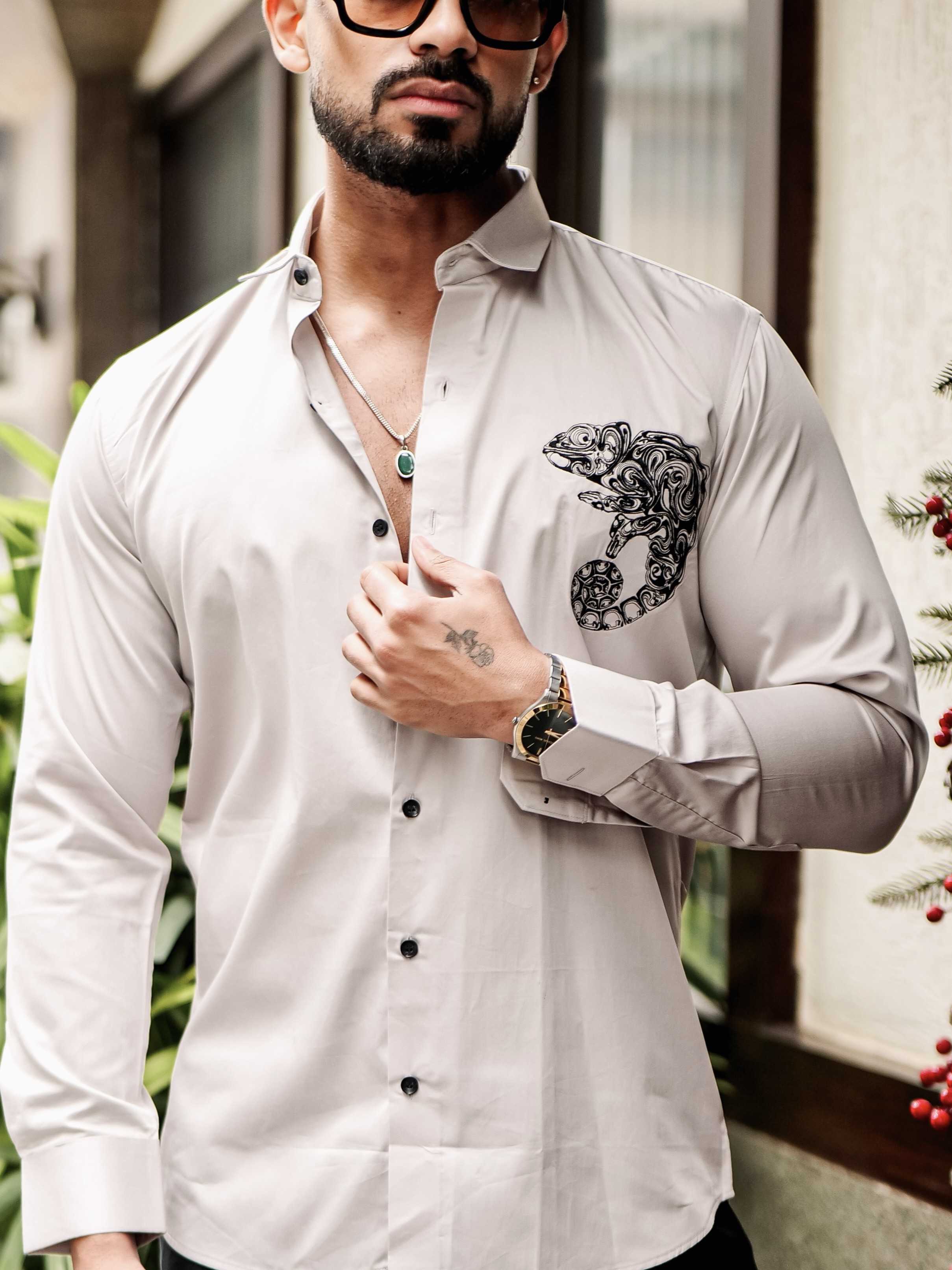 FOOMER GREY EMBROIDERED DESIGNER SHIRT FOR MEN'S - Image 8