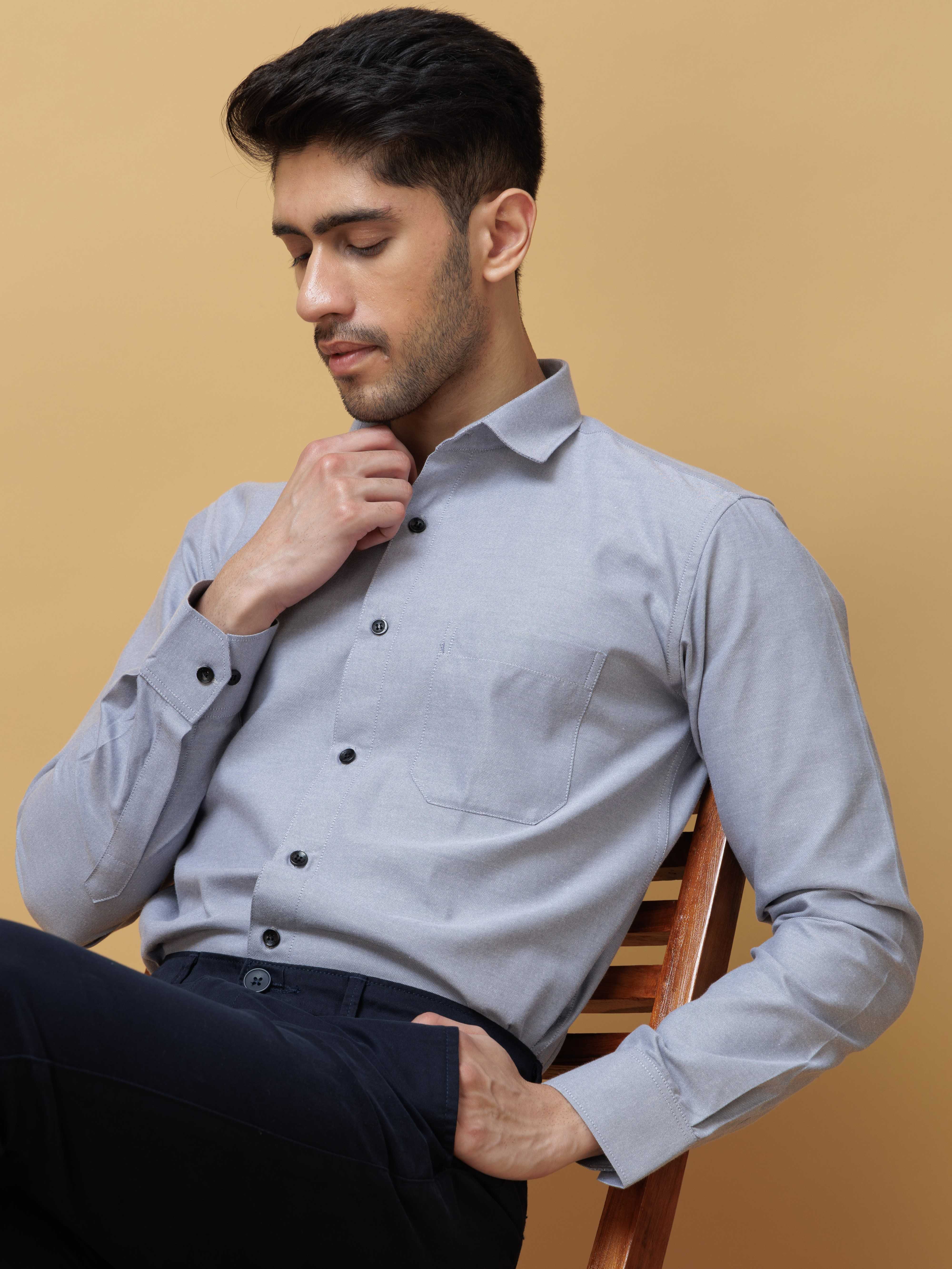 FORMAL GREY PLAIN OXFORD PREMIUM COTTON CASUAL SHIRT FOR MEN'S - Image 8