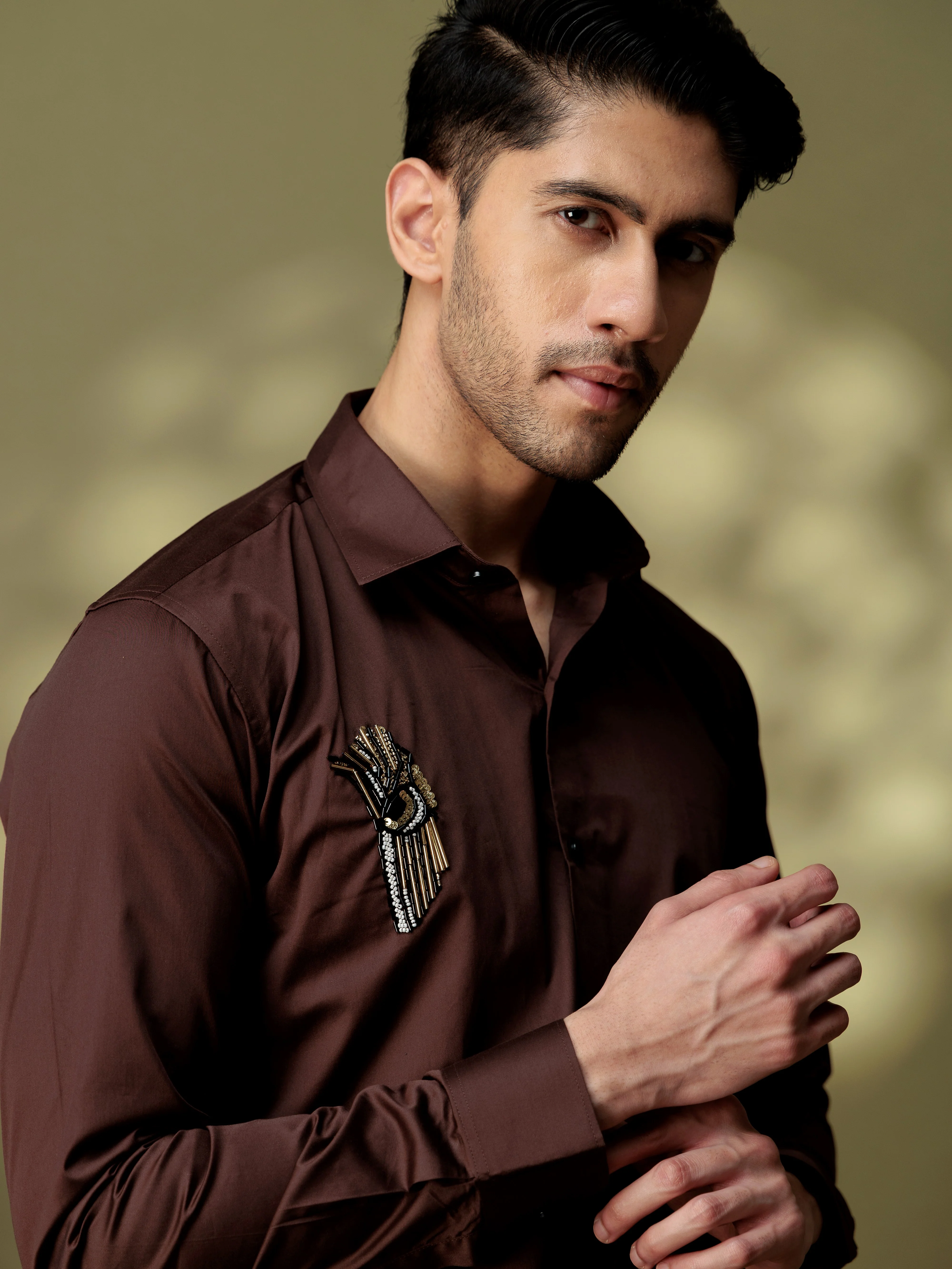 FOOMER HD BROWN RHINESTONE HAND WORK SATIN COTTON SHIRT - Image 2