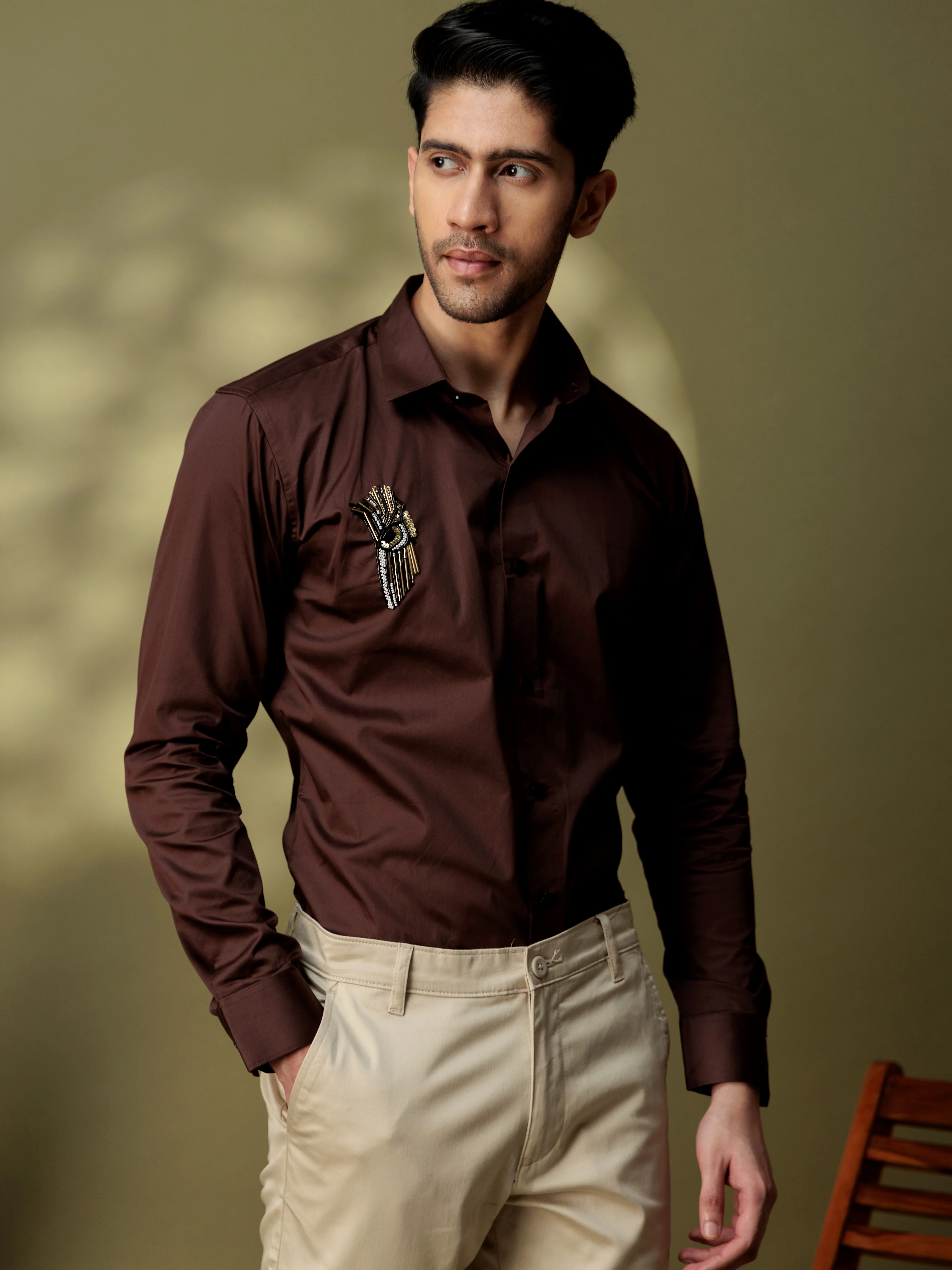 FOOMER HD BROWN RHINESTONE HAND WORK SATIN COTTON SHIRT - Image 3
