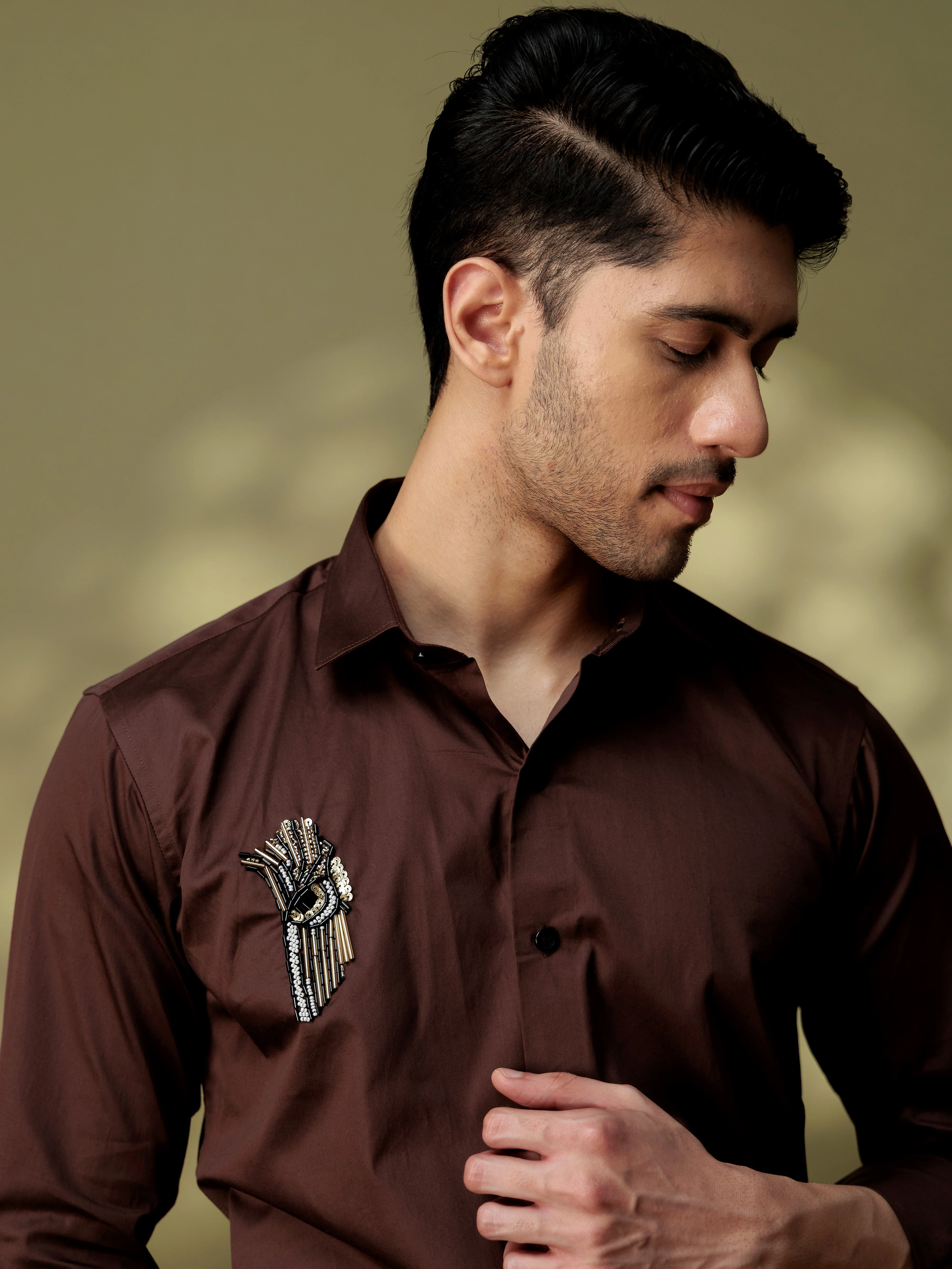FOOMER HD BROWN RHINESTONE HAND WORK SATIN COTTON SHIRT - Image 4