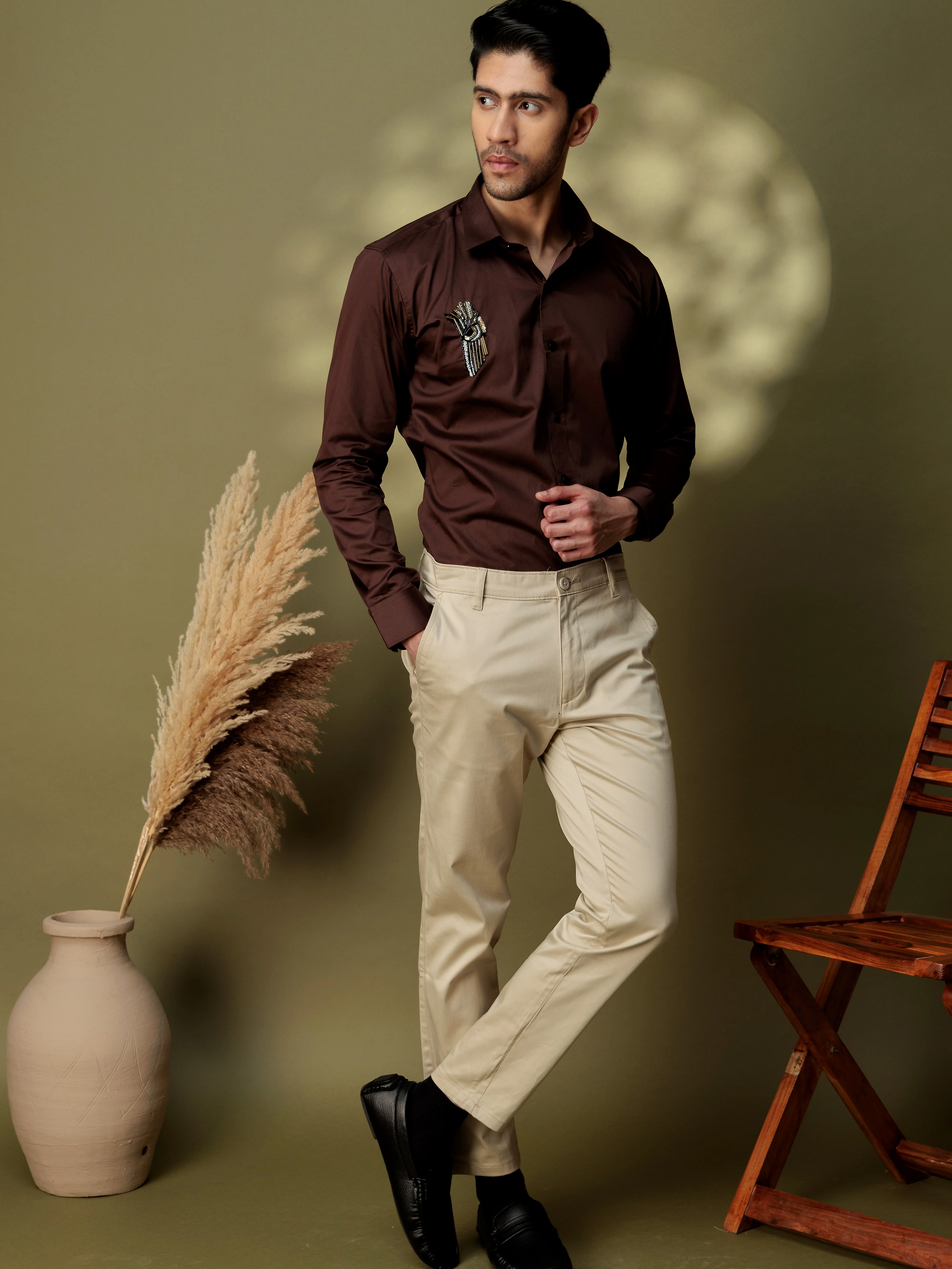 FOOMER HD BROWN RHINESTONE HAND WORK SATIN COTTON SHIRT - Image 5