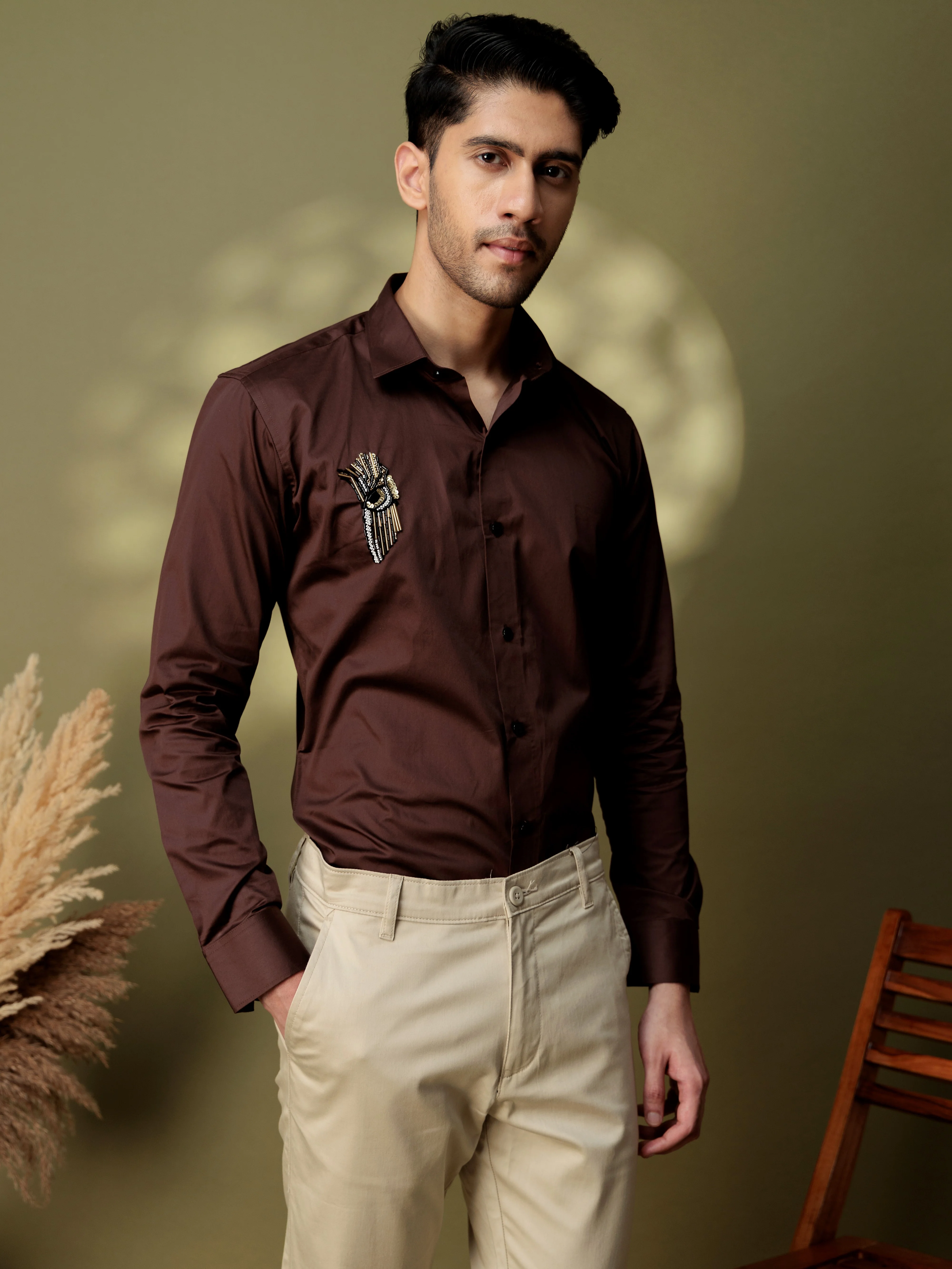 FOOMER HD BROWN RHINESTONE HAND WORK SATIN COTTON SHIRT - Image 7
