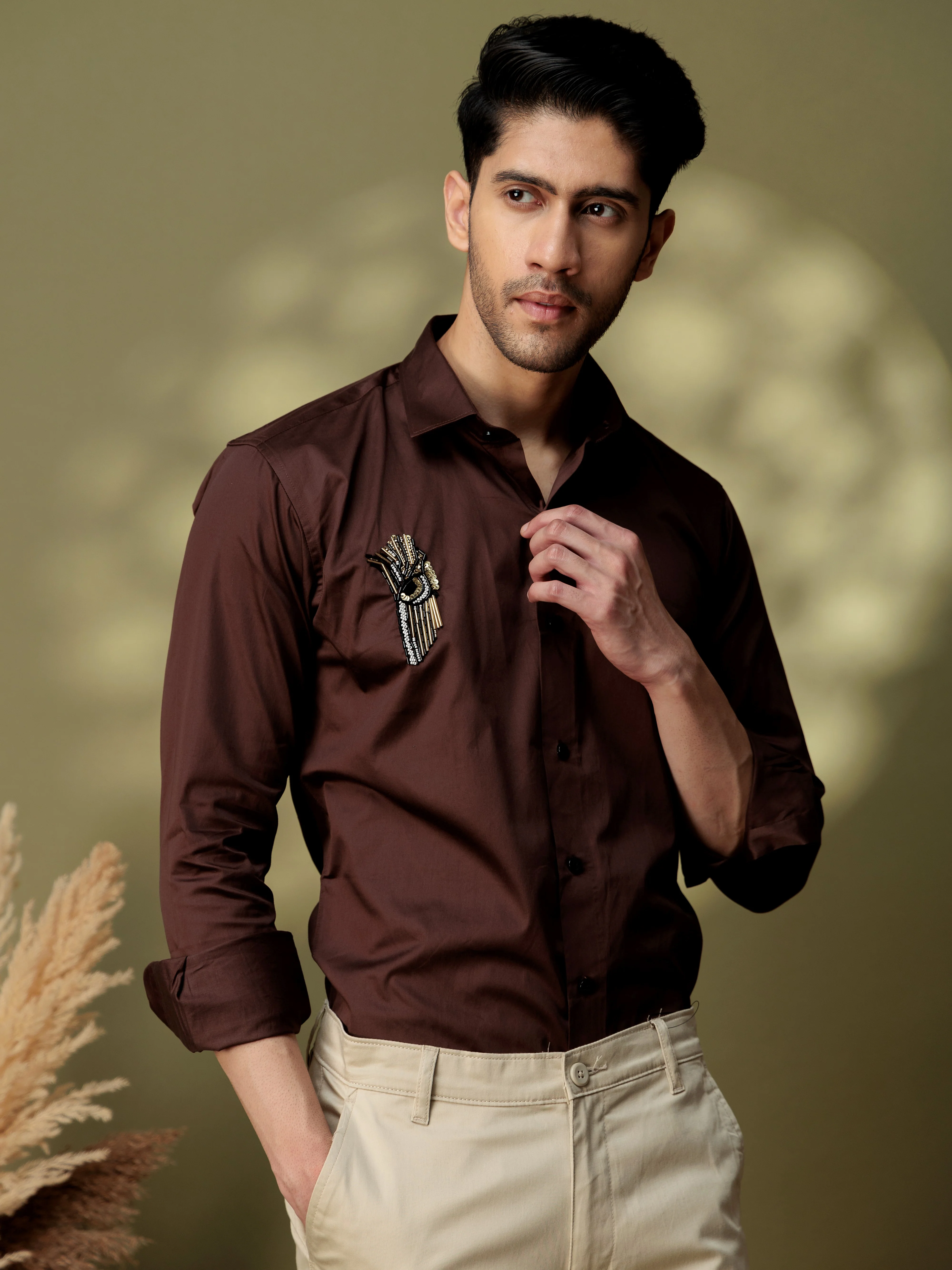 FOOMER HD BROWN RHINESTONE HAND WORK SATIN COTTON SHIRT - Image 9