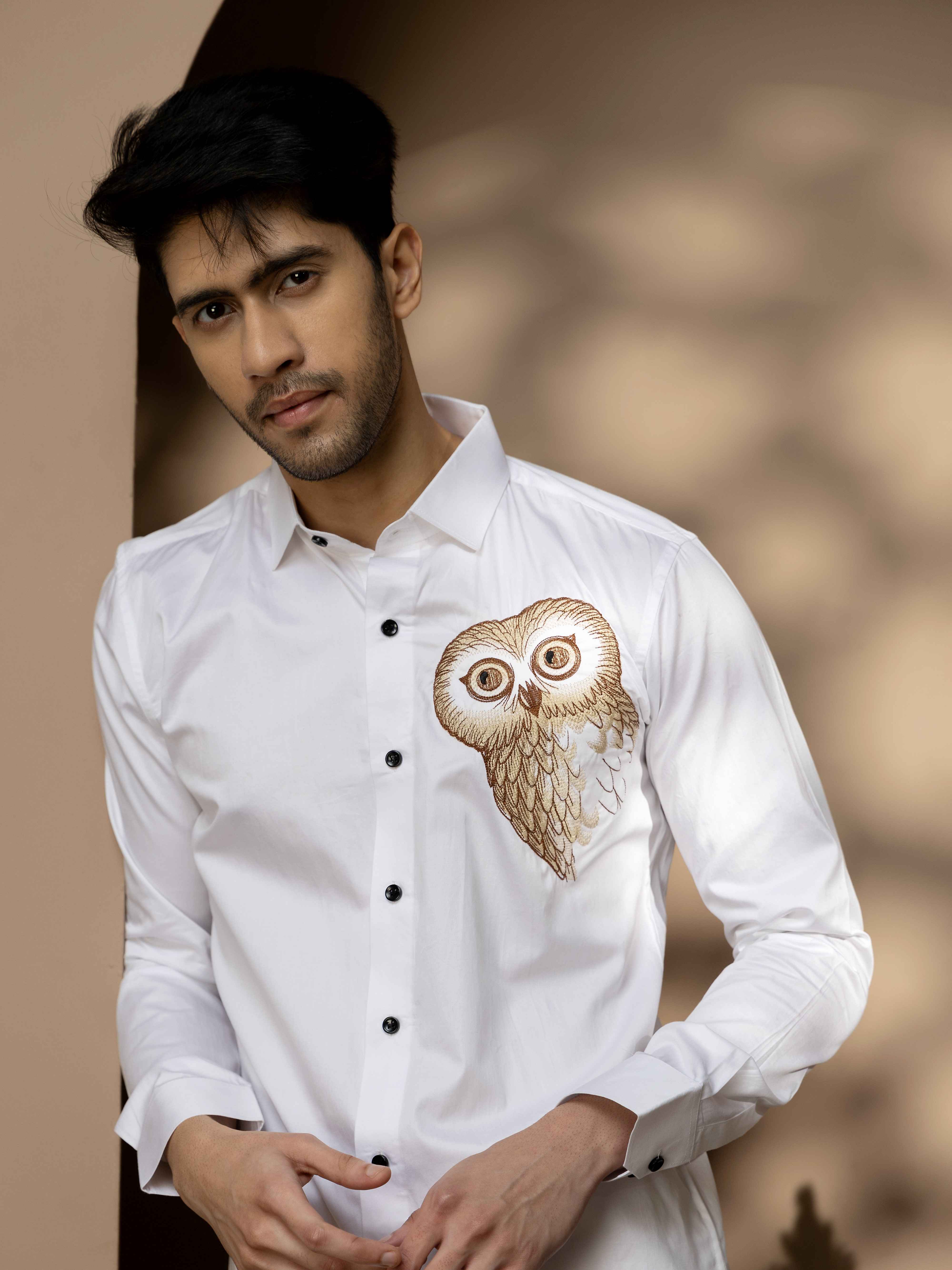 FOOMER HOOTER WHITE EMBROIDERED CLUB WEAR SATIN COTTON SHIRT