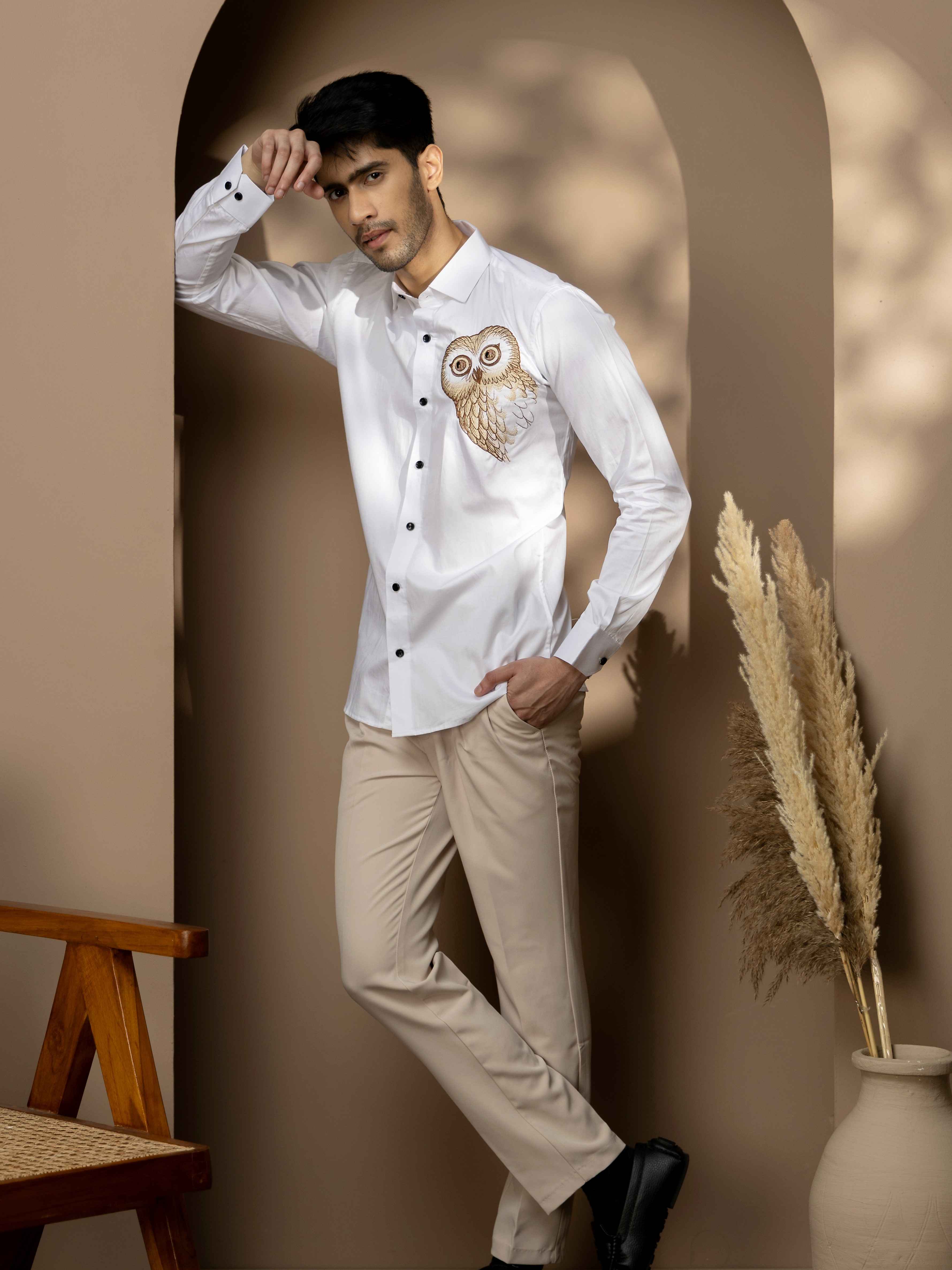 FOOMER HOOTER WHITE EMBROIDERED CLUB WEAR SATIN COTTON SHIRT - Image 3